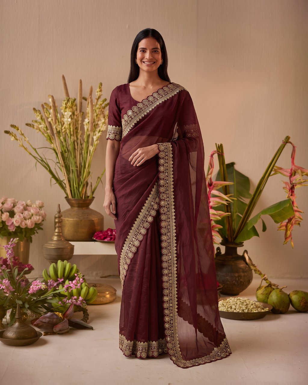 Tanisha Fine Butti Festive Saree with Embellished Border - Maroon - full saree hero