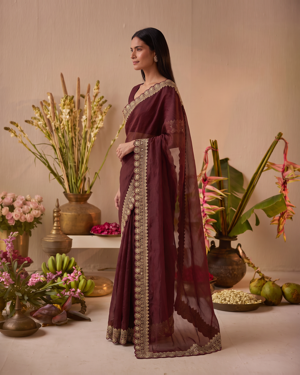 Tanisha Fine Butti Festive Saree with Embellished Border - Maroon - side