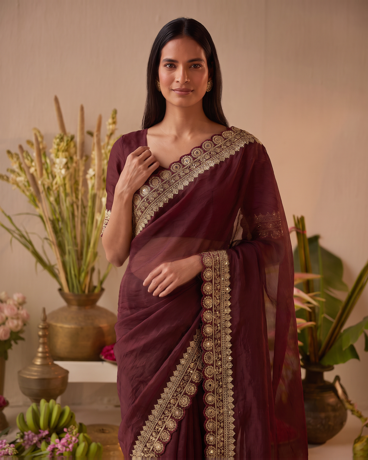 Tanisha Fine Butti Festive Saree with Embellished Border - Maroon - upper closeup
