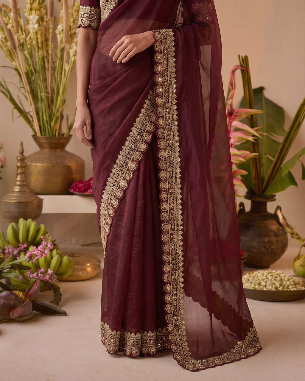Tanisha Fine Butti Festive Saree with Embellished Border - Maroon - lower closeup