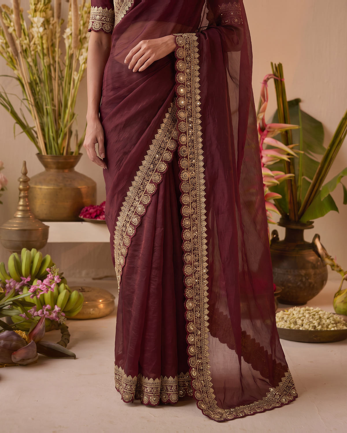 Tanisha Fine Butti Festive Saree with Embellished Border - Maroon - lower closeup