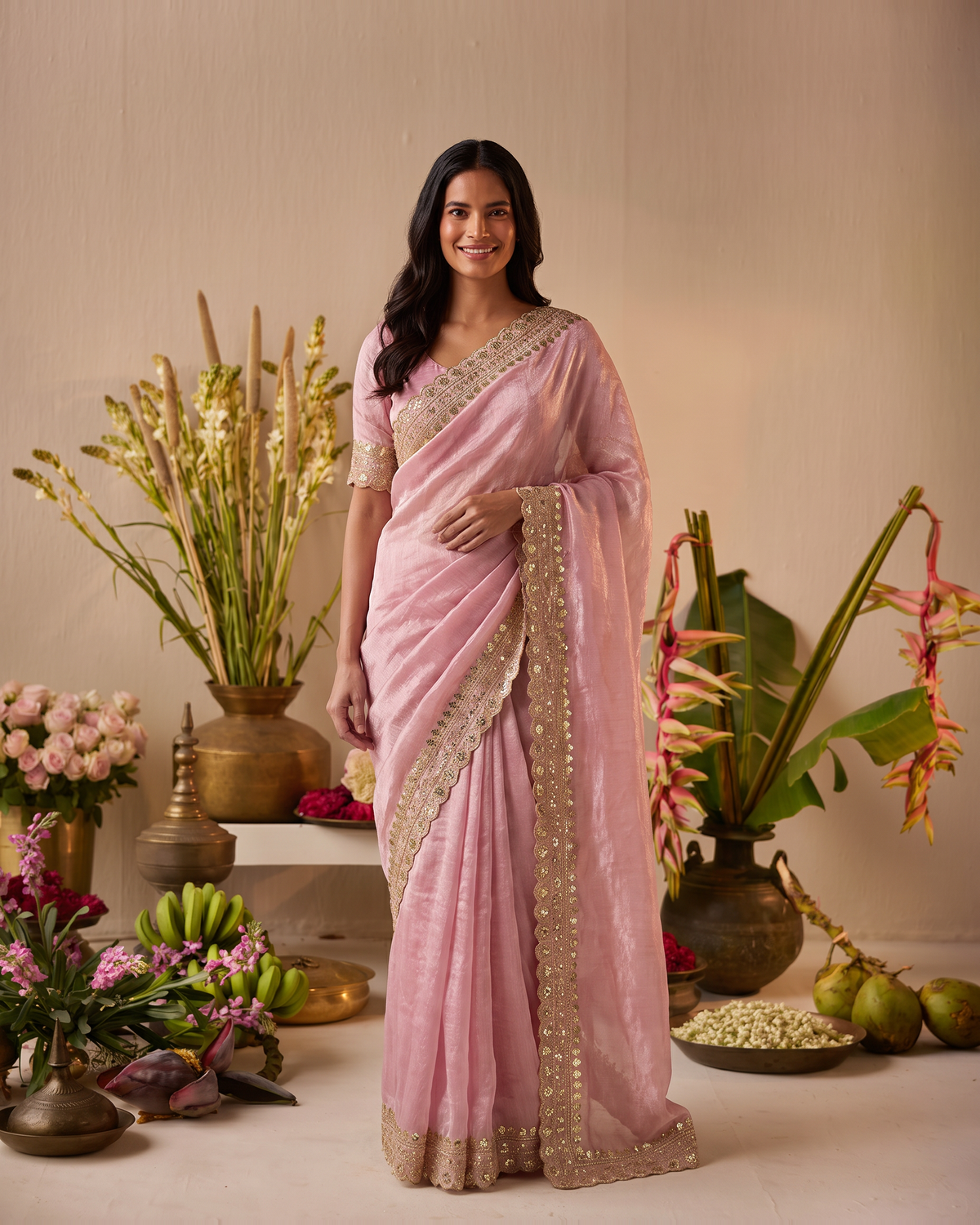 Tanisha Fine Butti Festive Saree with Embellished Border - Pink - full saree hero