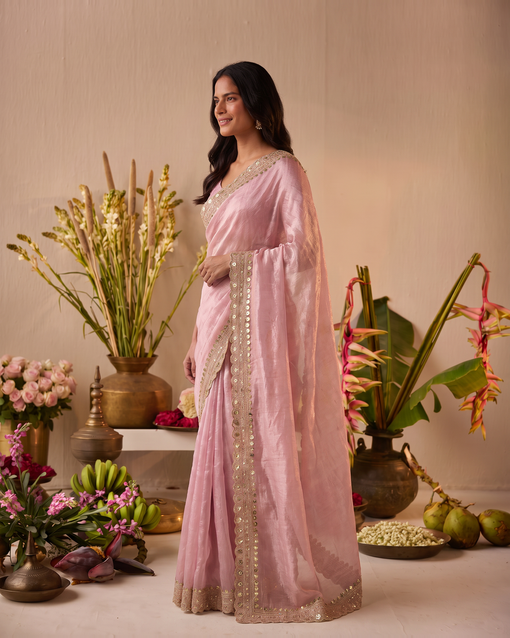 Tanisha Fine Butti Festive Saree with Embellished Border - Pink - side