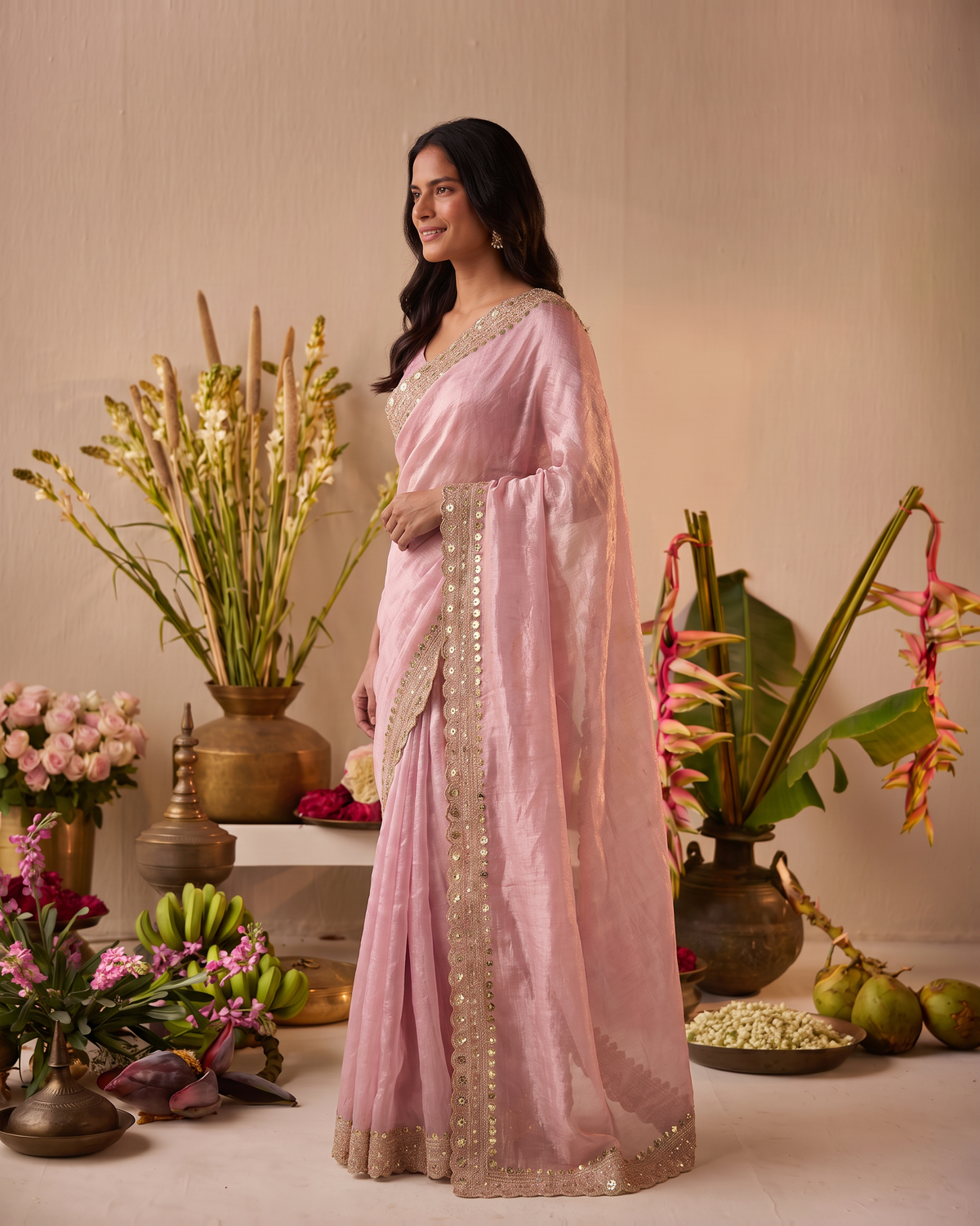 Tanisha Fine Butti Festive Saree with Embellished Border - Pink - side