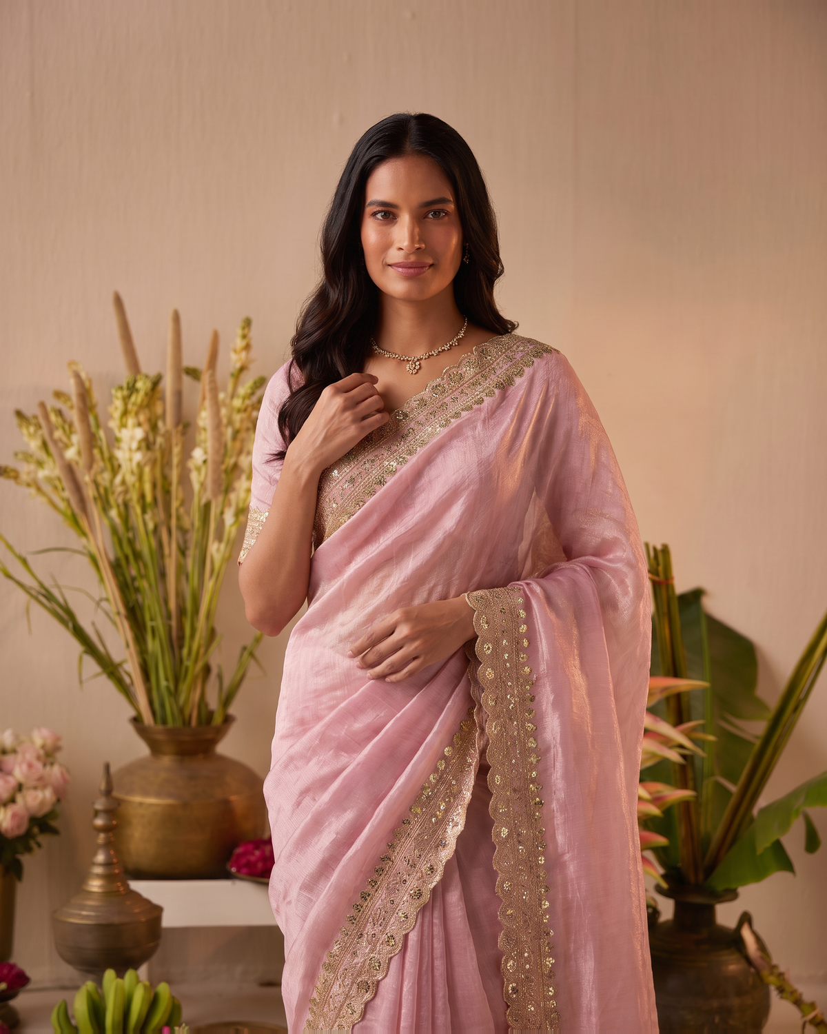 Tanisha Fine Butti Festive Saree with Embellished Border - Pink - upper closeup