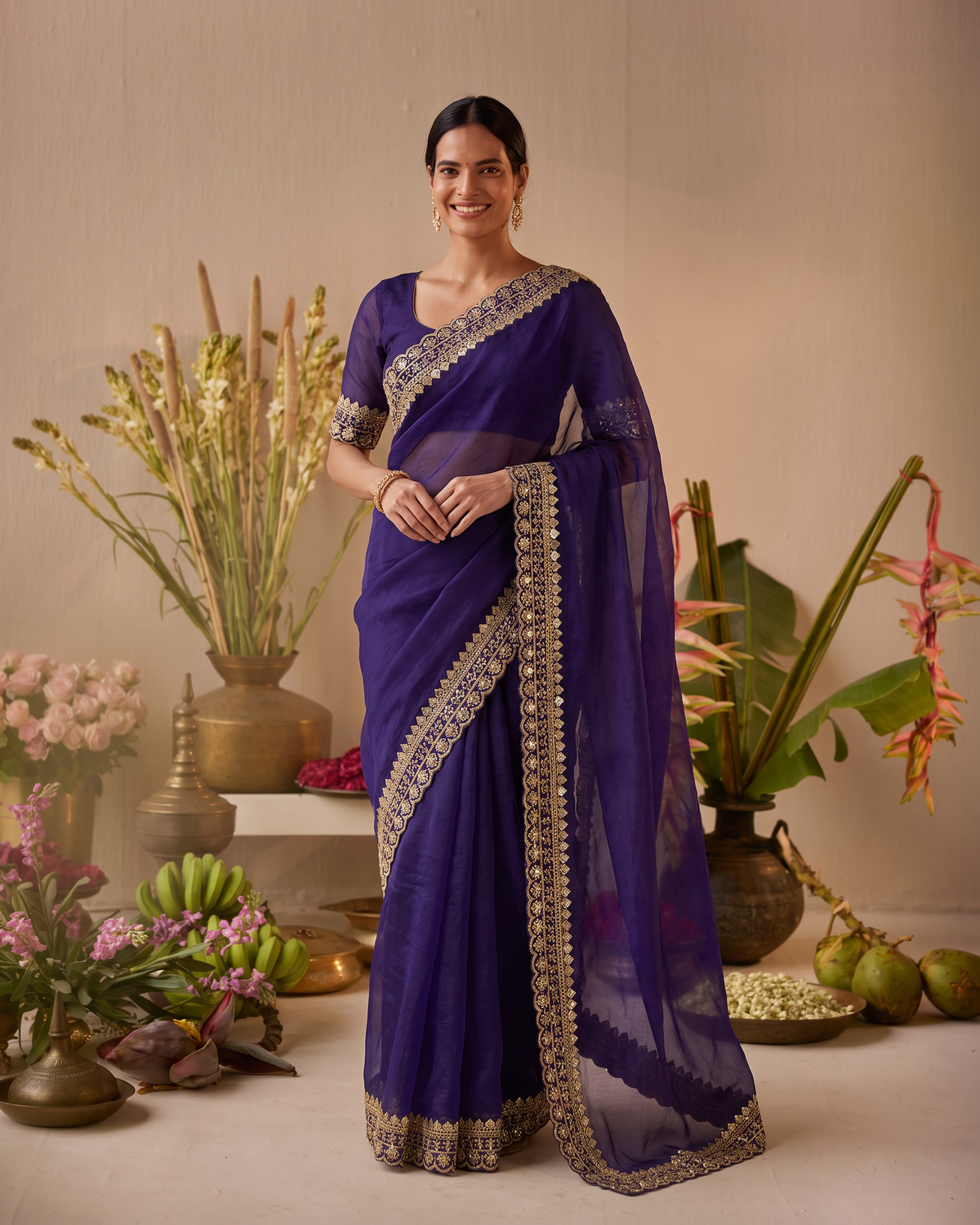 Tanisha Fine Butti Festive Saree with Embellished Border - Purple - full saree hero