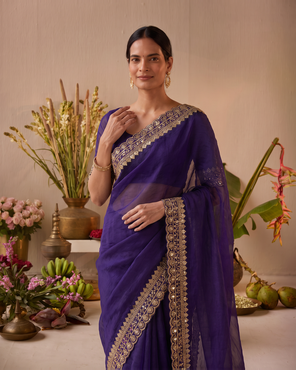 Tanisha Fine Butti Festive Saree with Embellished Border - Purple - upper closeup