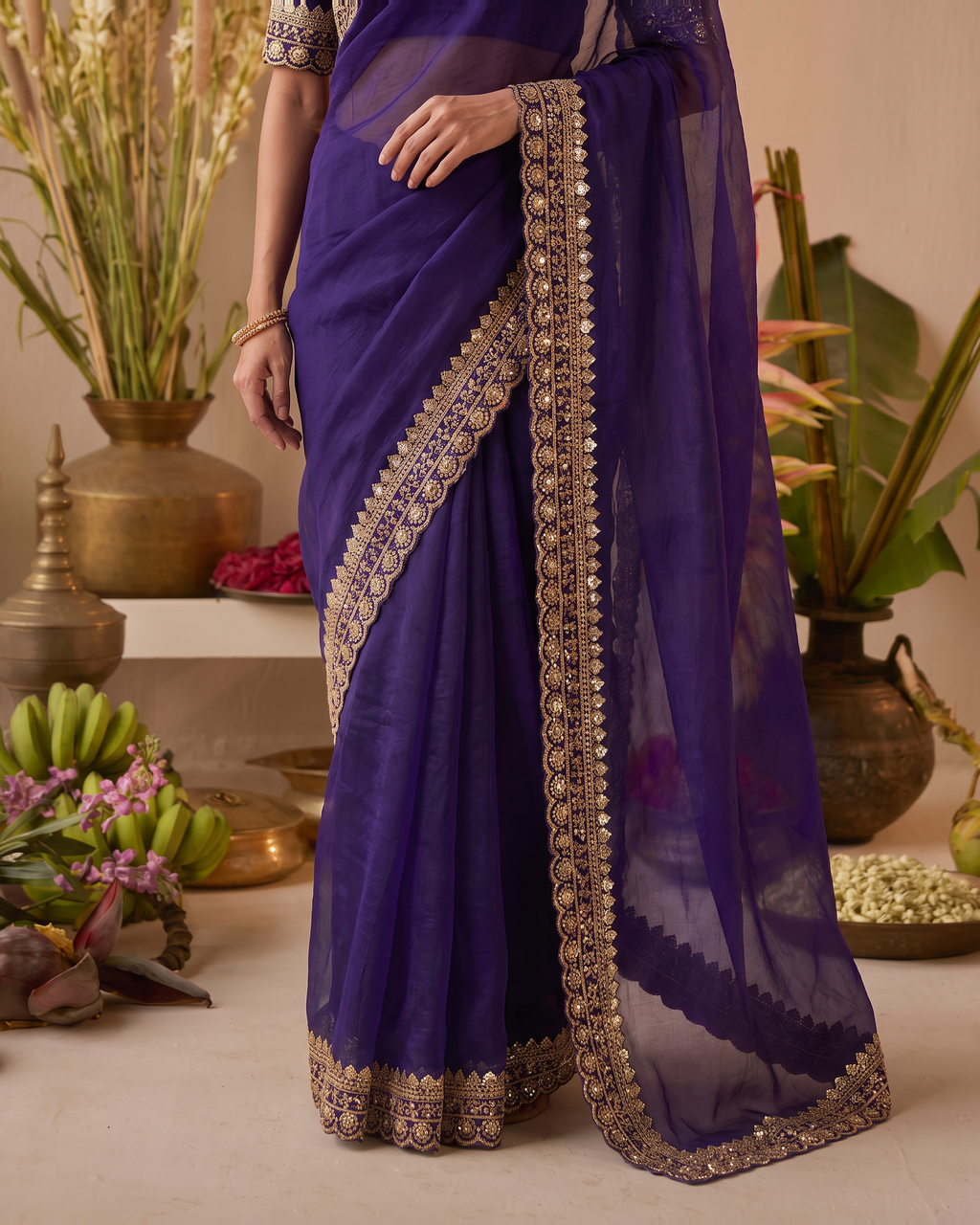 Tanisha Fine Butti Festive Saree with Embellished Border - Purple - lower closeup
