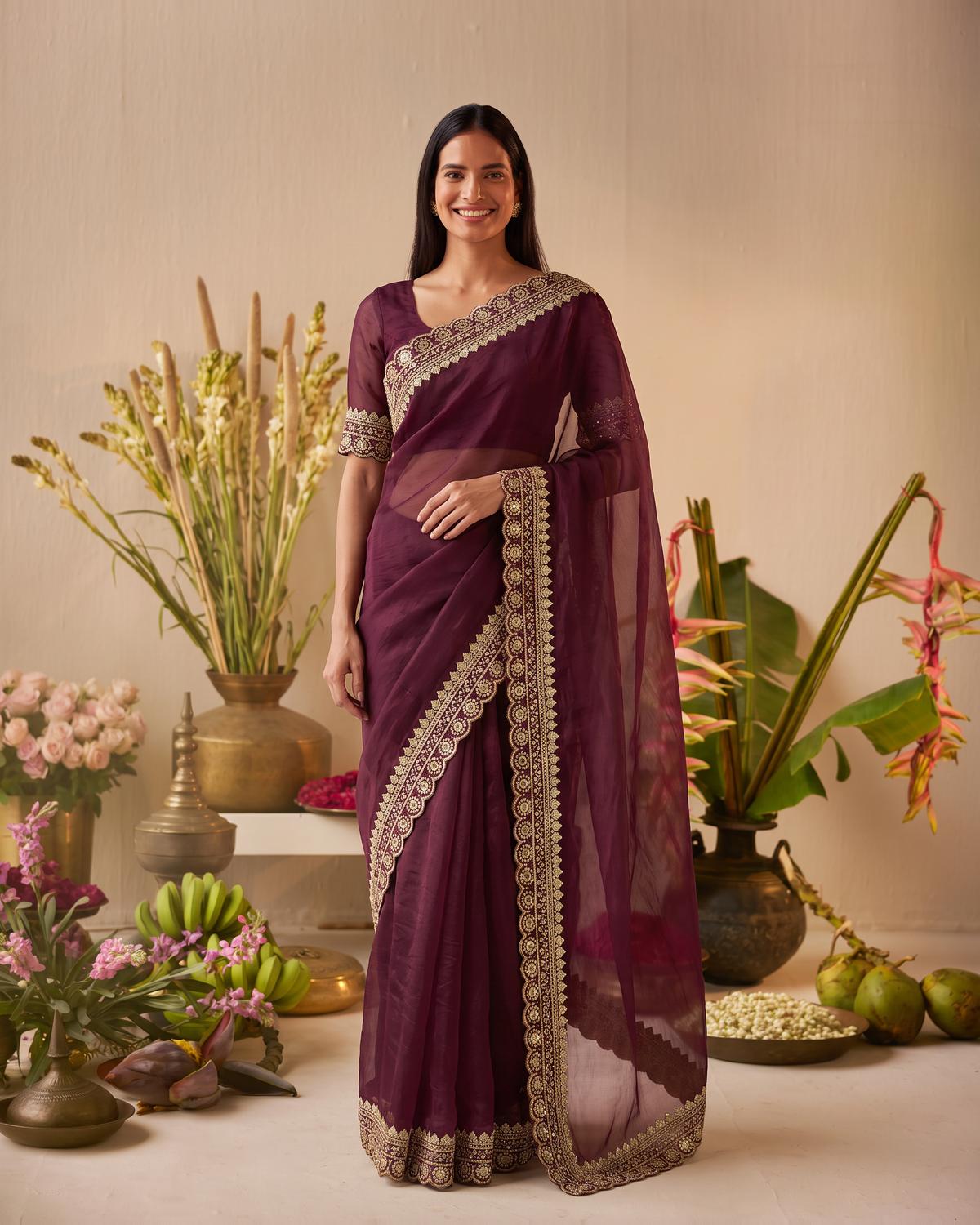 Tanisha Fine Butti Festive Saree with Embellished Border - Wine - full saree hero