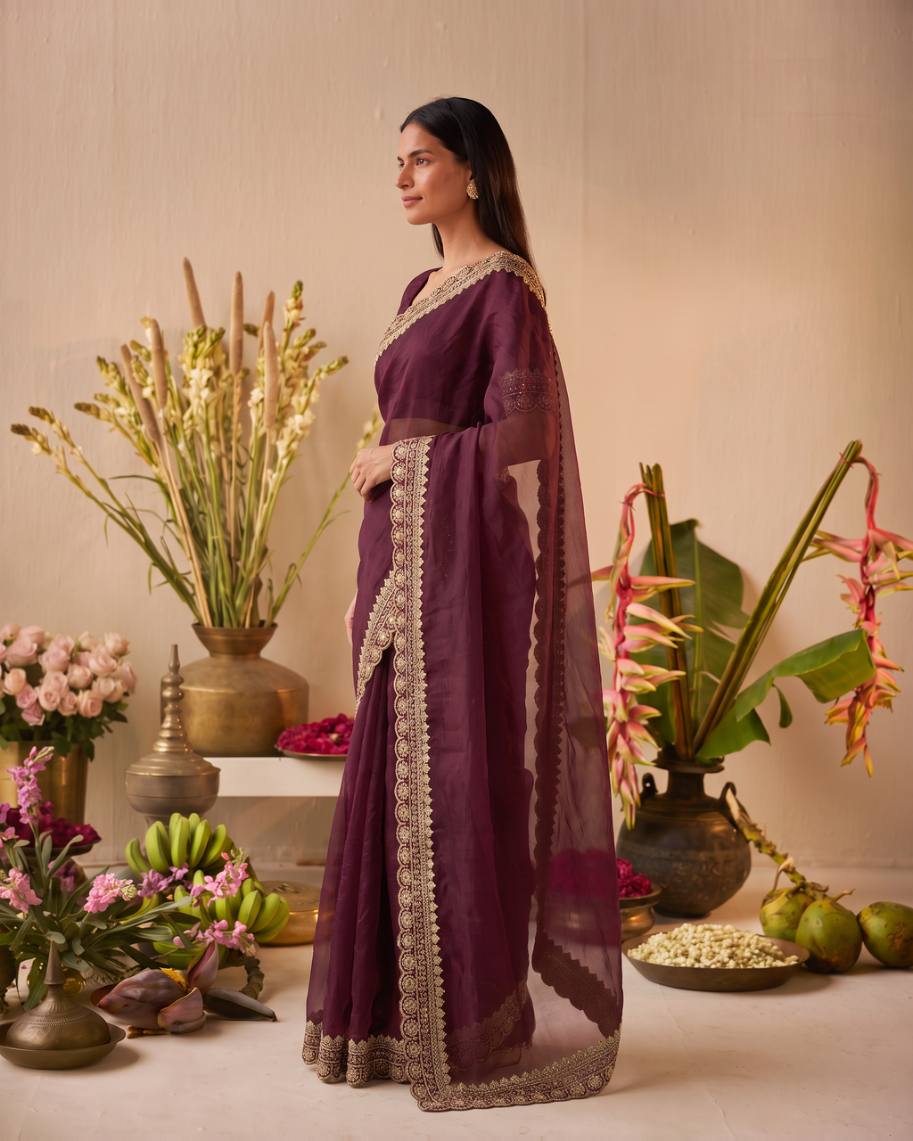 Tanisha Fine Butti Festive Saree with Embellished Border - Wine - side