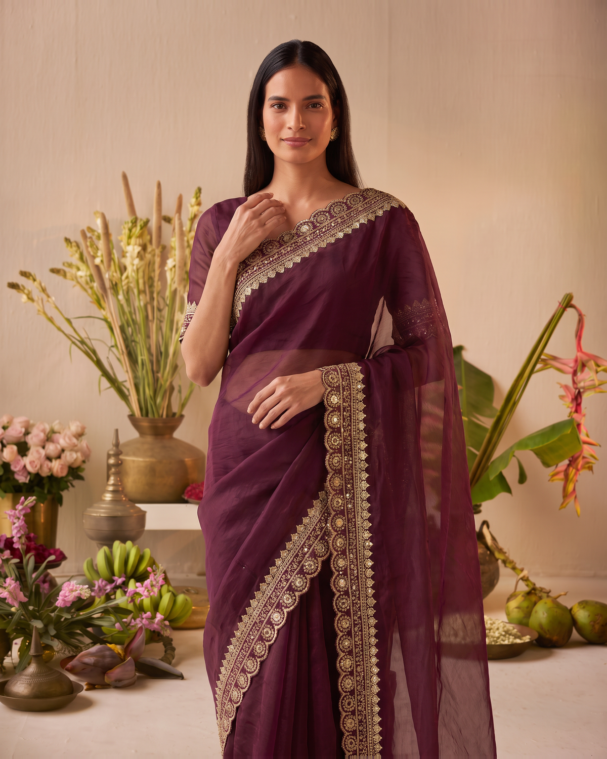 Tanisha Fine Butti Festive Saree with Embellished Border - Wine - upper closeup