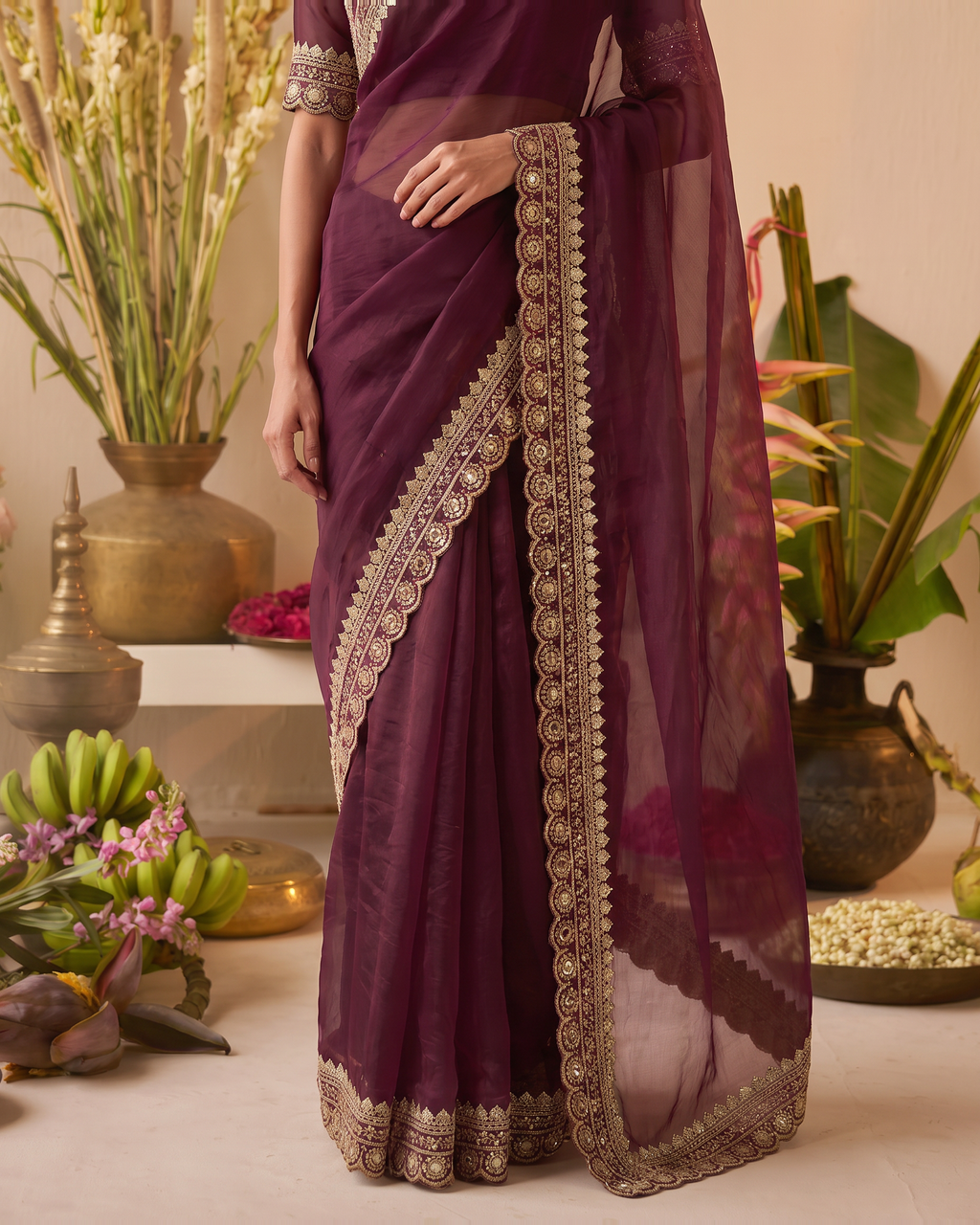 Tanisha Fine Butti Festive Saree with Embellished Border - Wine - lower closeup