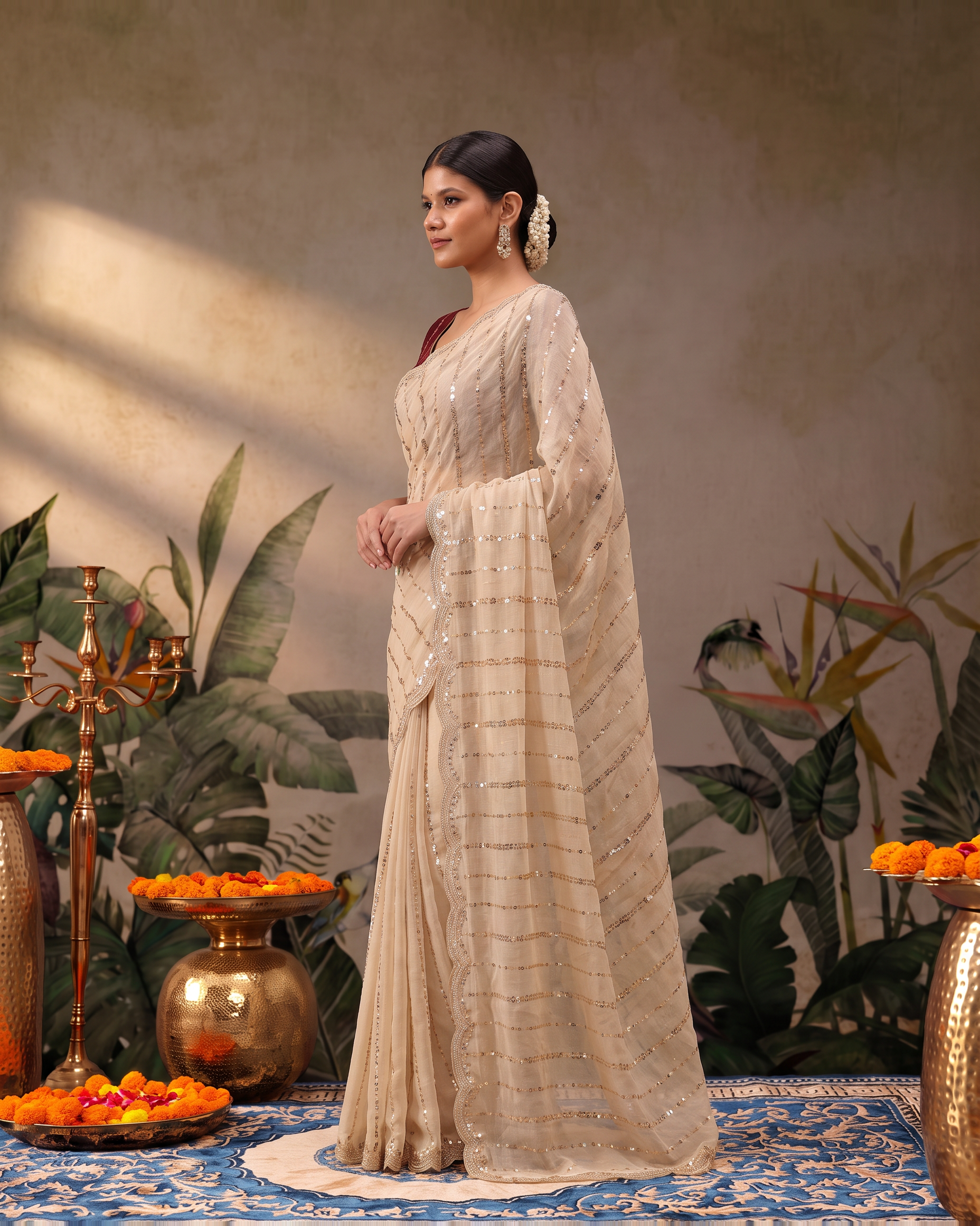 Tanvi Star Line Festive Saree with Sleek Border - Cream - side