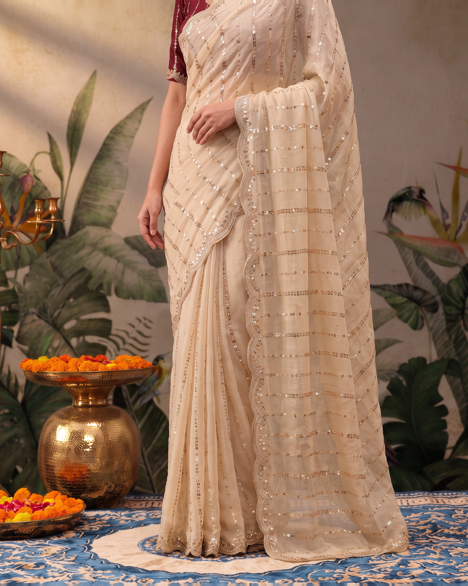 Tanvi Star Line Festive Saree with Sleek Border - Cream - lower closeup