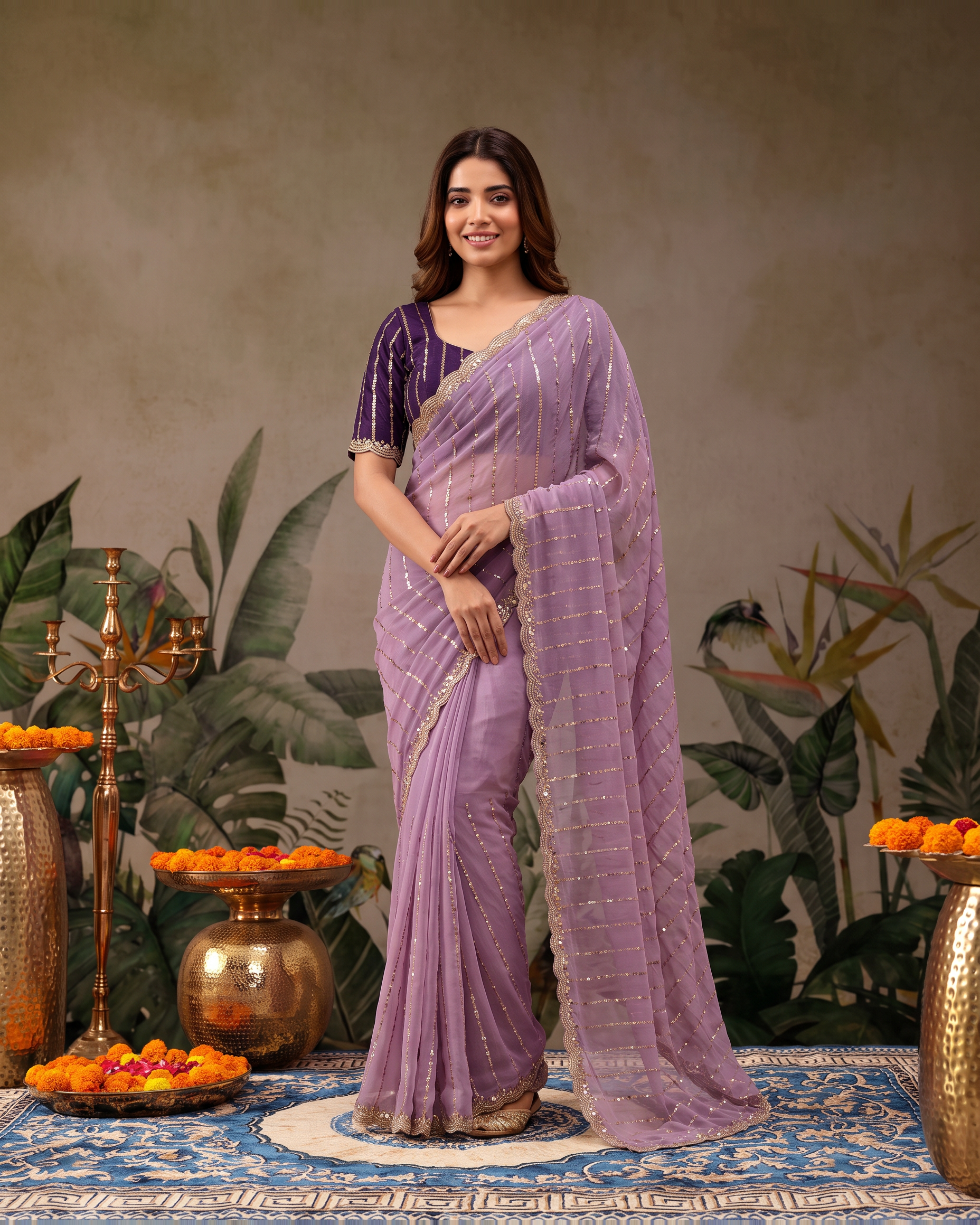 Tanvi Star Line Festive Saree with Sleek Border - Lavender - full saree hero