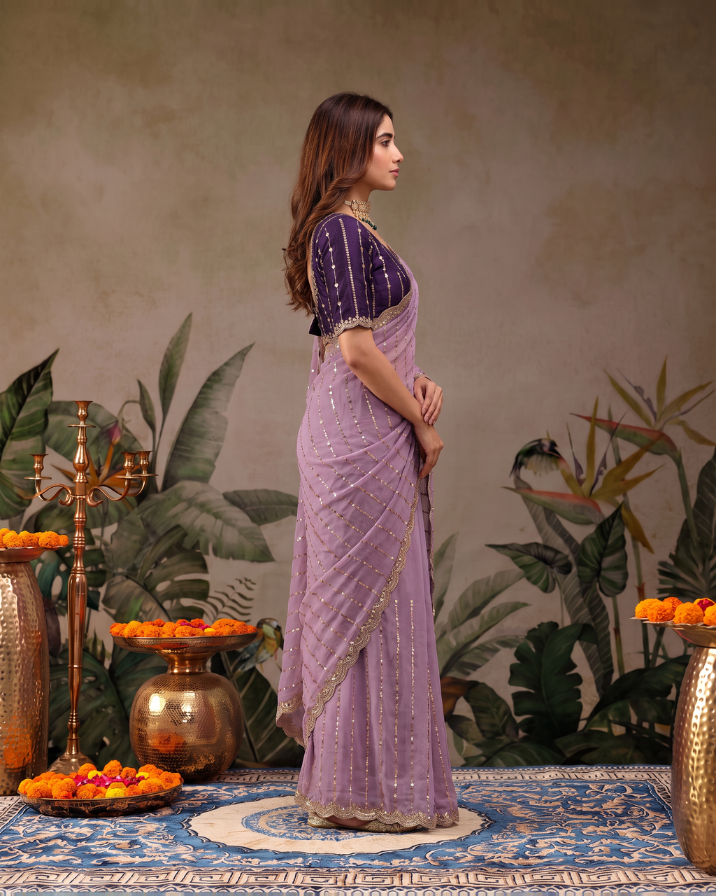 Tanvi Star Line Festive Saree with Sleek Border - Lavender - side