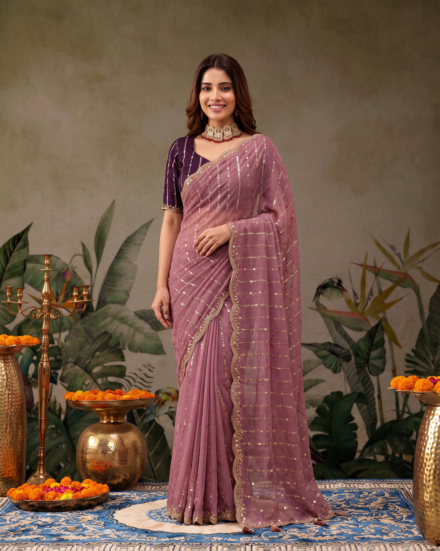 Tanvi Star Line Festive Saree with Sleek Border - Mauve - full saree hero
