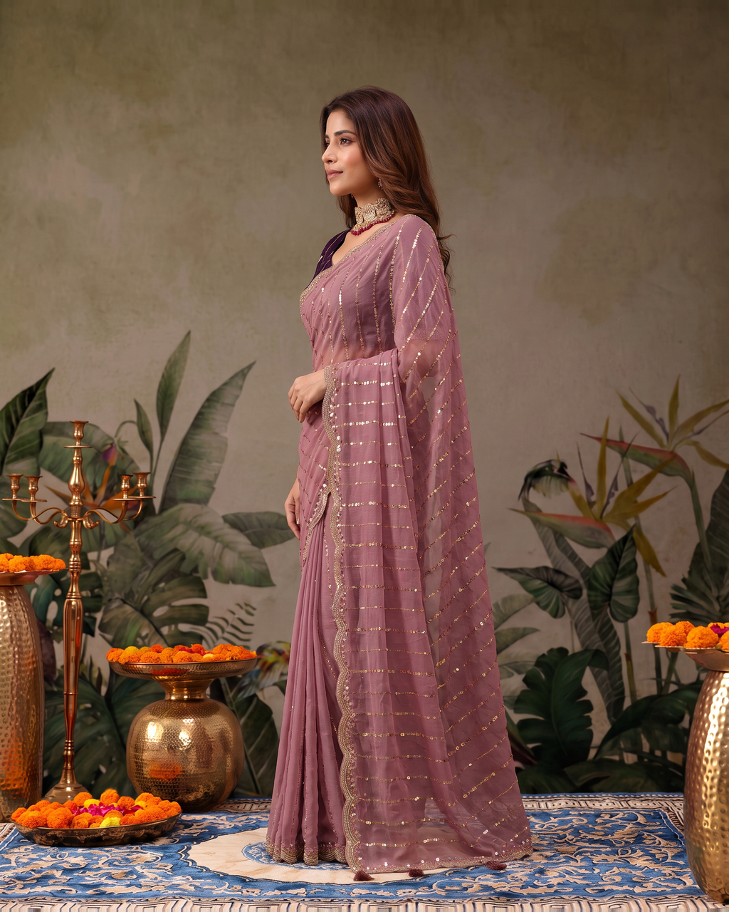 Tanvi Star Line Festive Saree with Sleek Border - Mauve - side