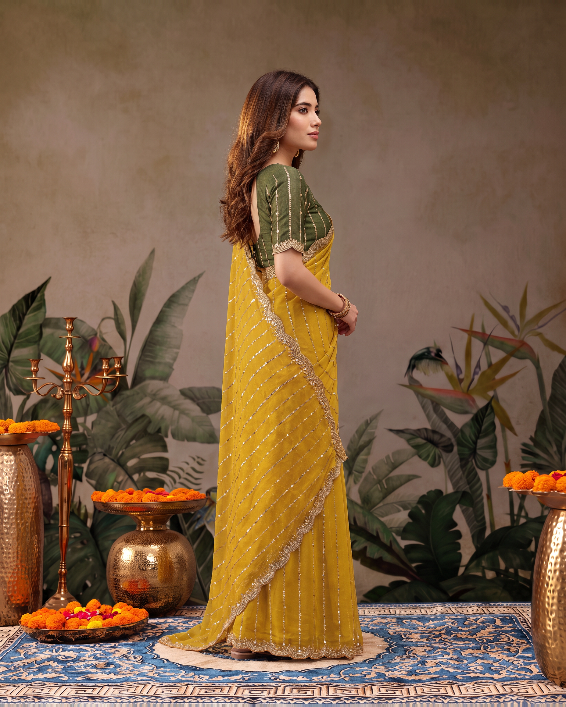 Tanvi Star Line Festive Saree with Sleek Border - Mustard - side