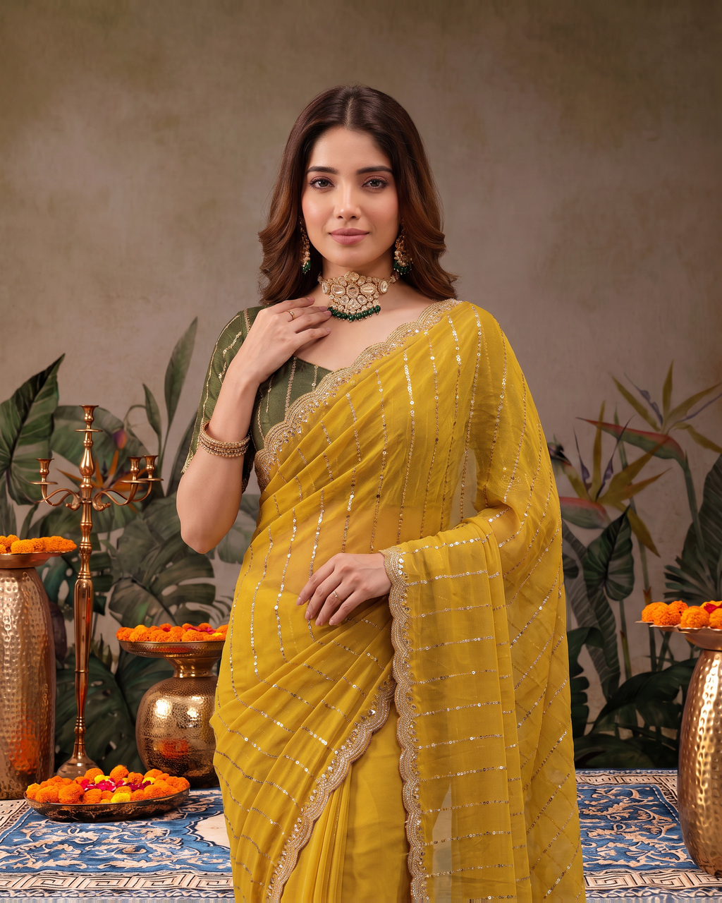 Tanvi Star Line Festive Saree with Sleek Border - Mustard - upper closeup