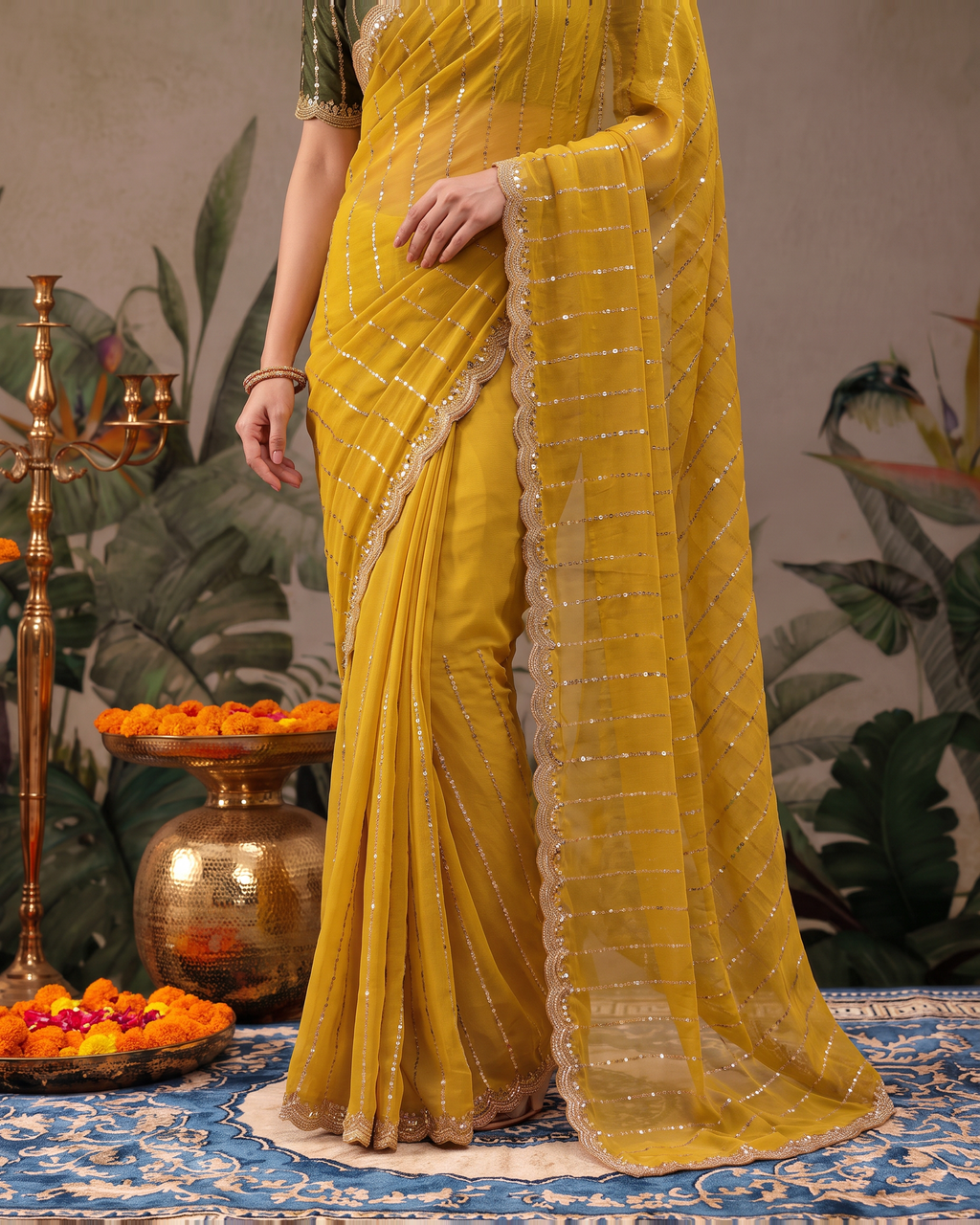 Tanvi Star Line Festive Saree with Sleek Border - Mustard - lower closeup
