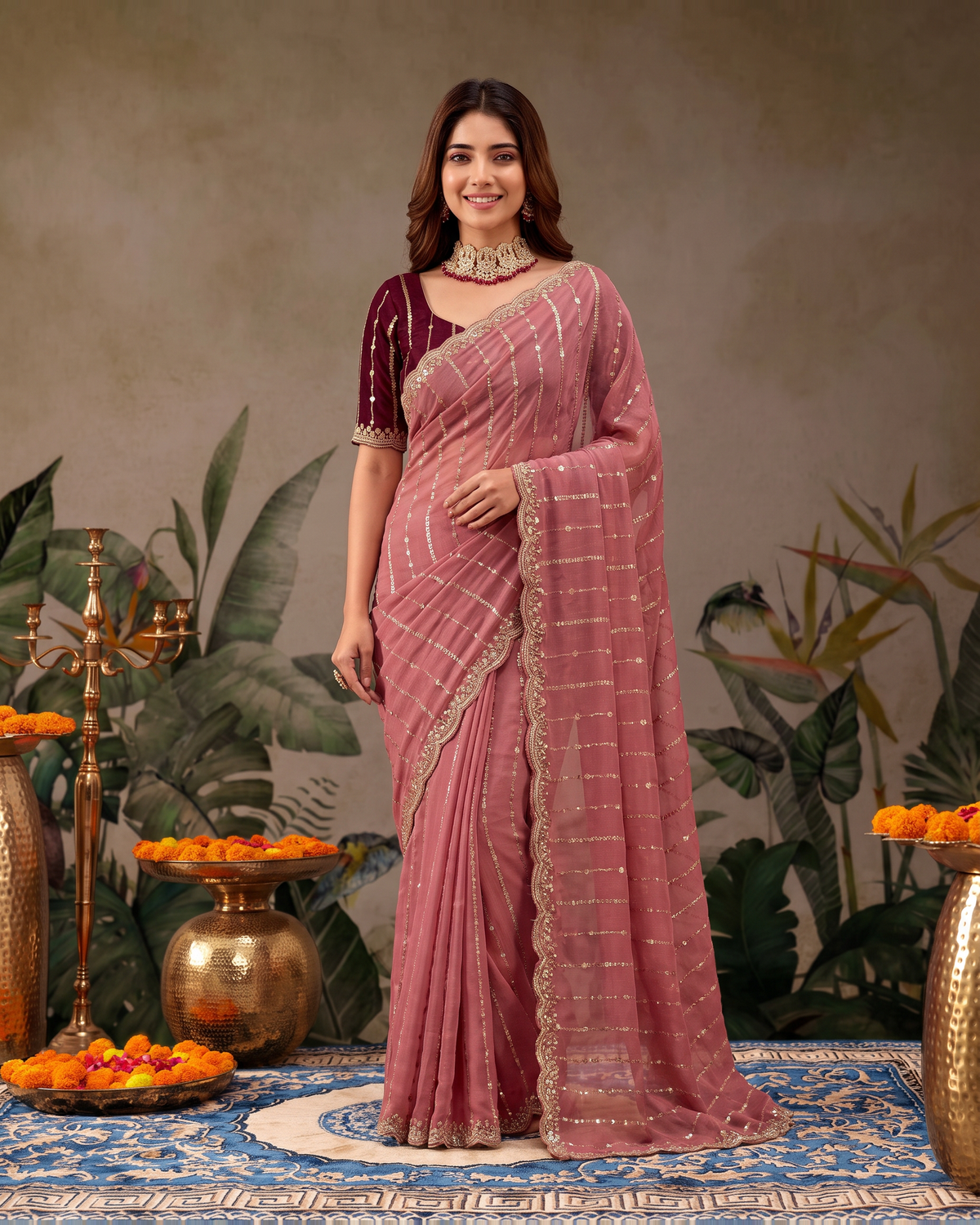 Tanvi Star Line Festive Saree with Sleek Border - Pink - full saree hero