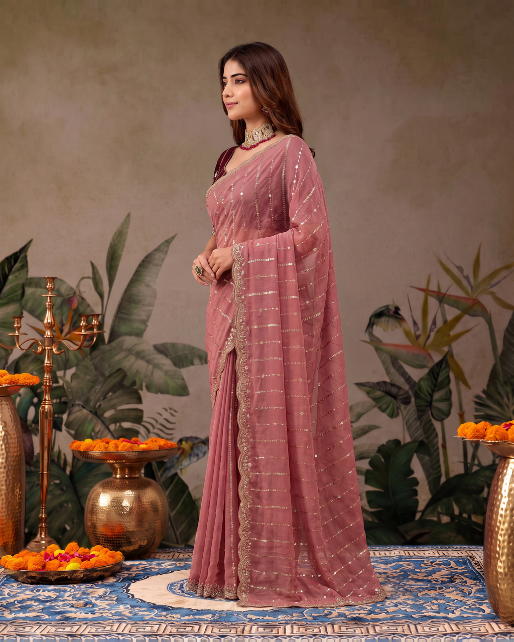 Tanvi Star Line Festive Saree with Sleek Border - Pink - side