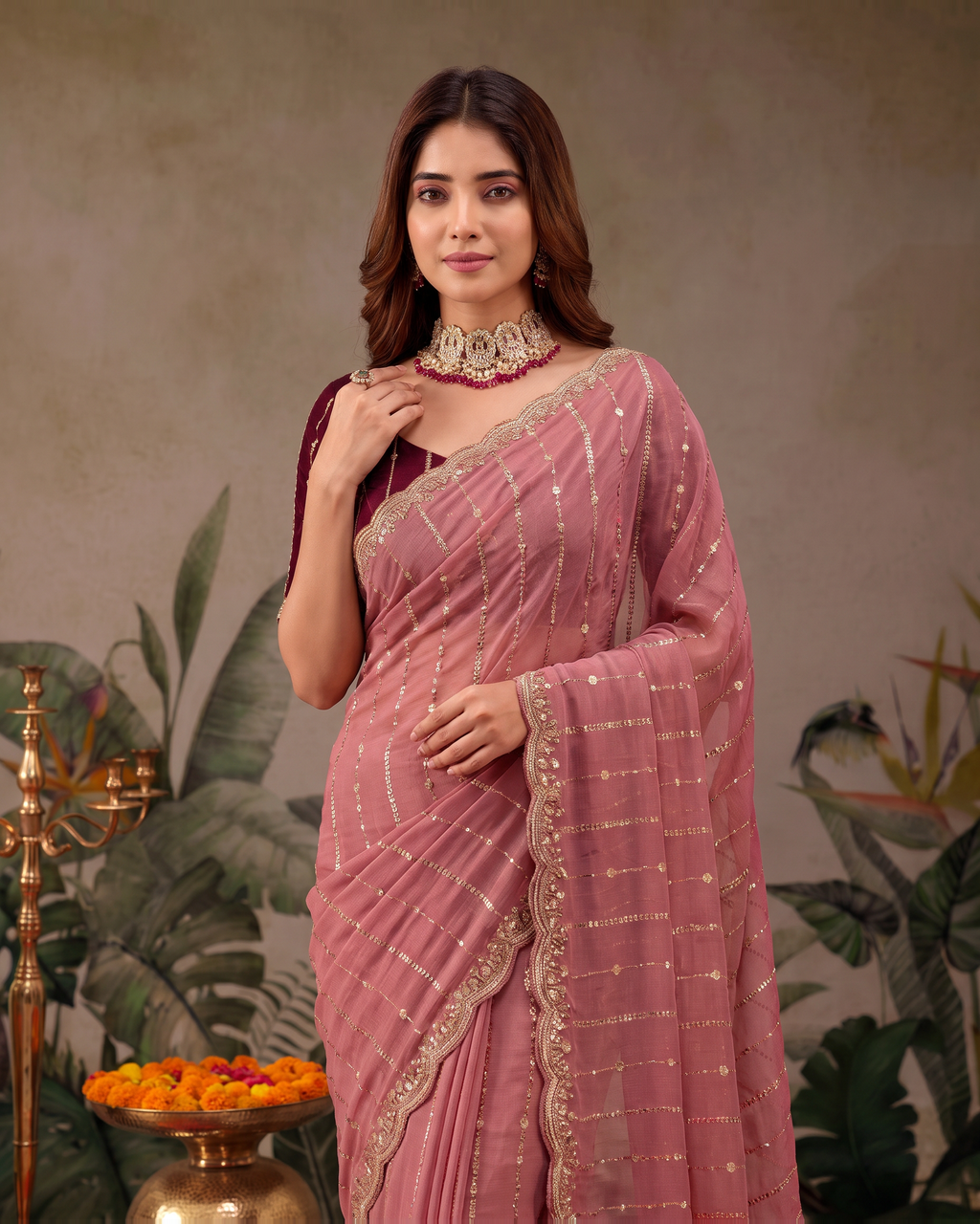 Tanvi Star Line Festive Saree with Sleek Border - Pink - upper closeup