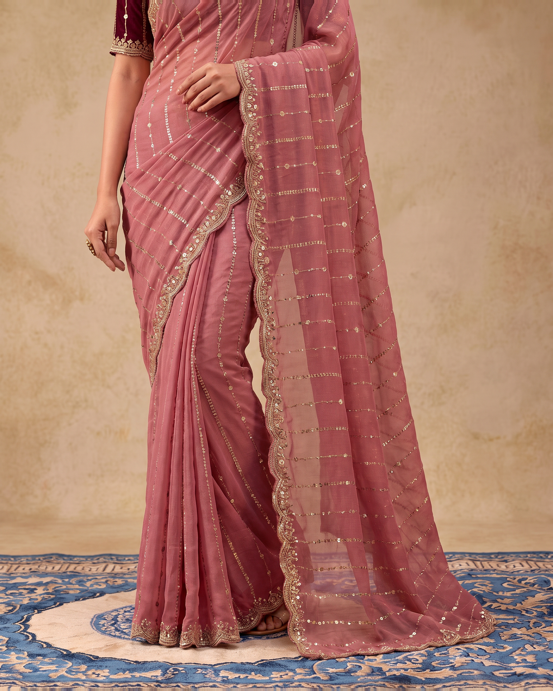 Tanvi Star Line Festive Saree with Sleek Border - Pink - lower closeup