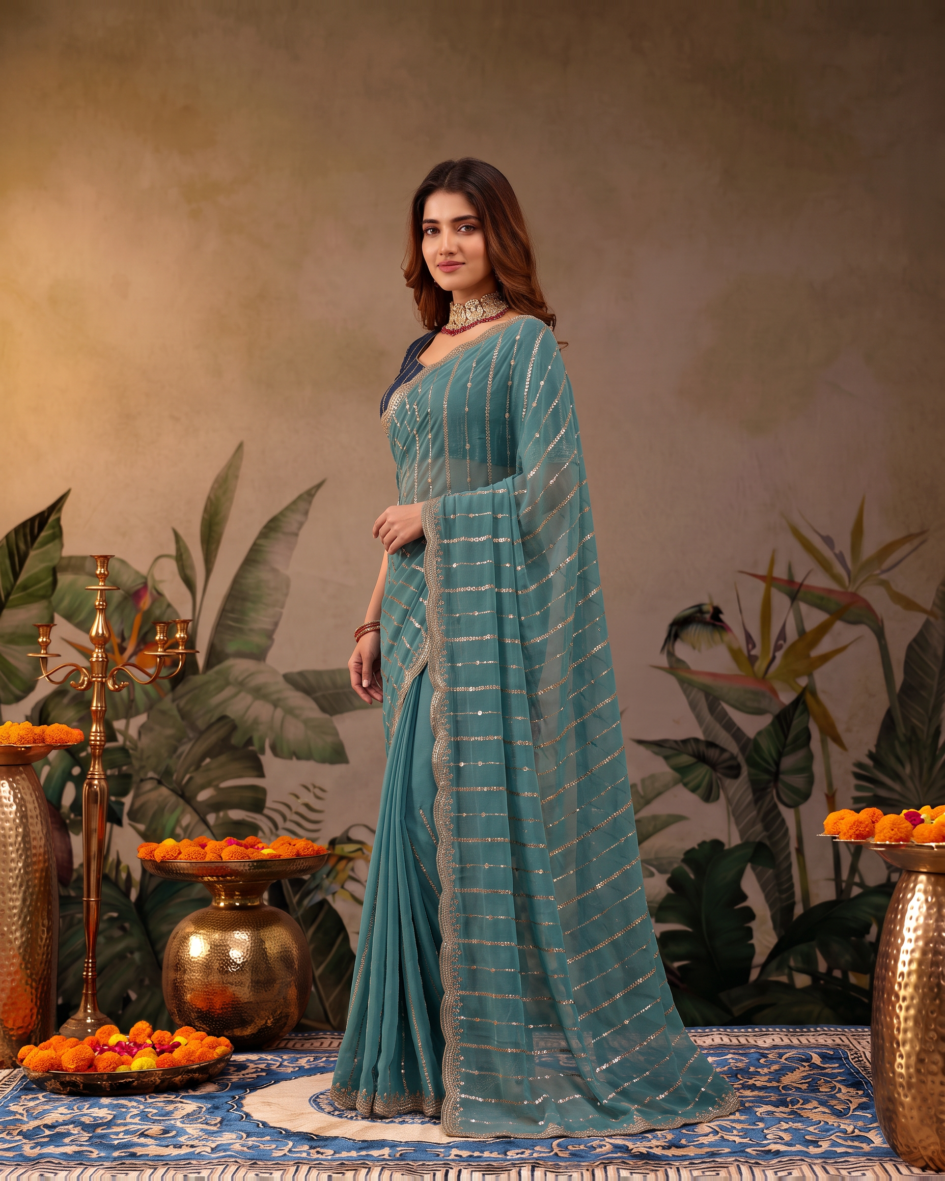 Tanvi Star Line Festive Saree with Sleek Border - Teal - side