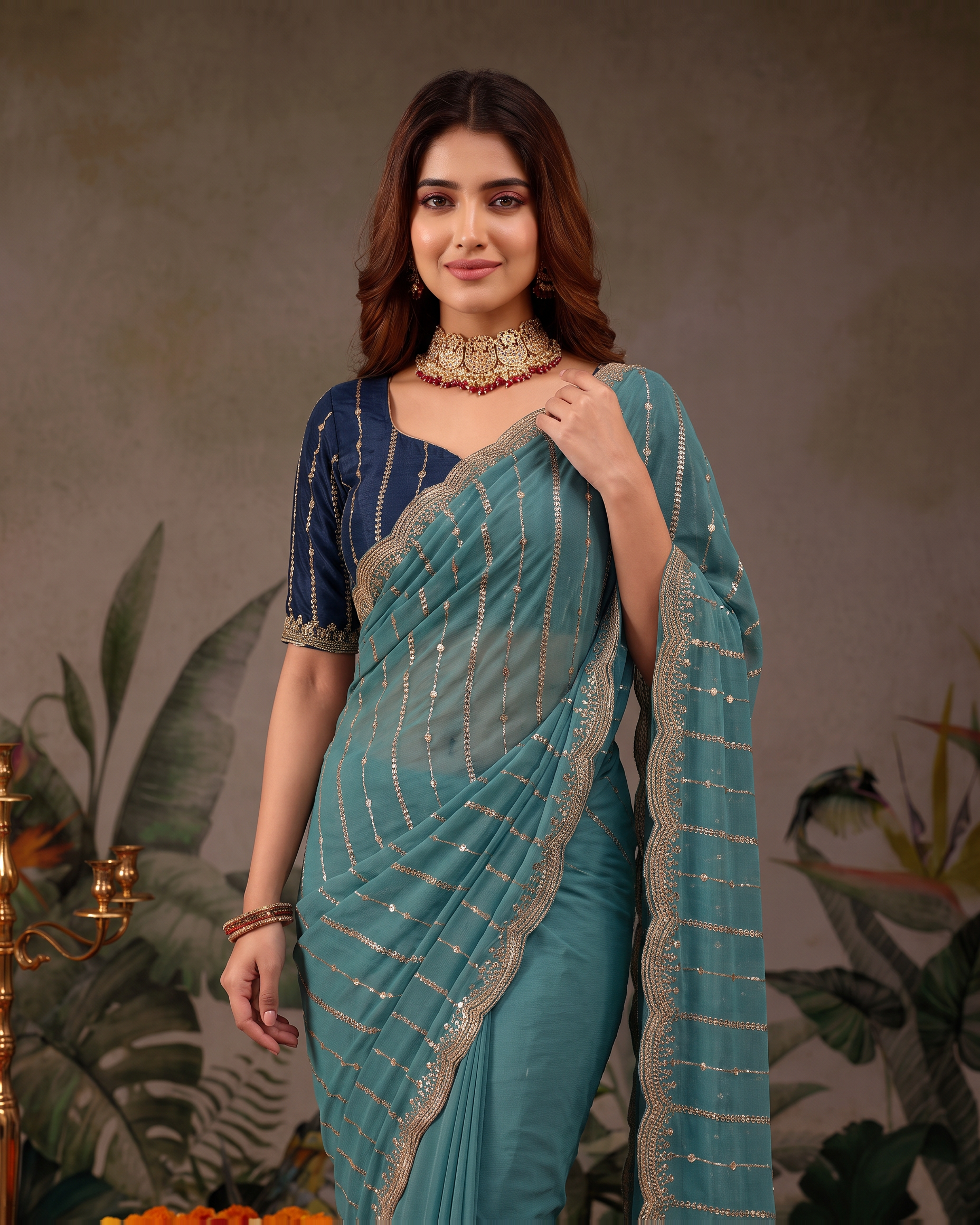 Tanvi Star Line Festive Saree with Sleek Border - Teal - upper closeup