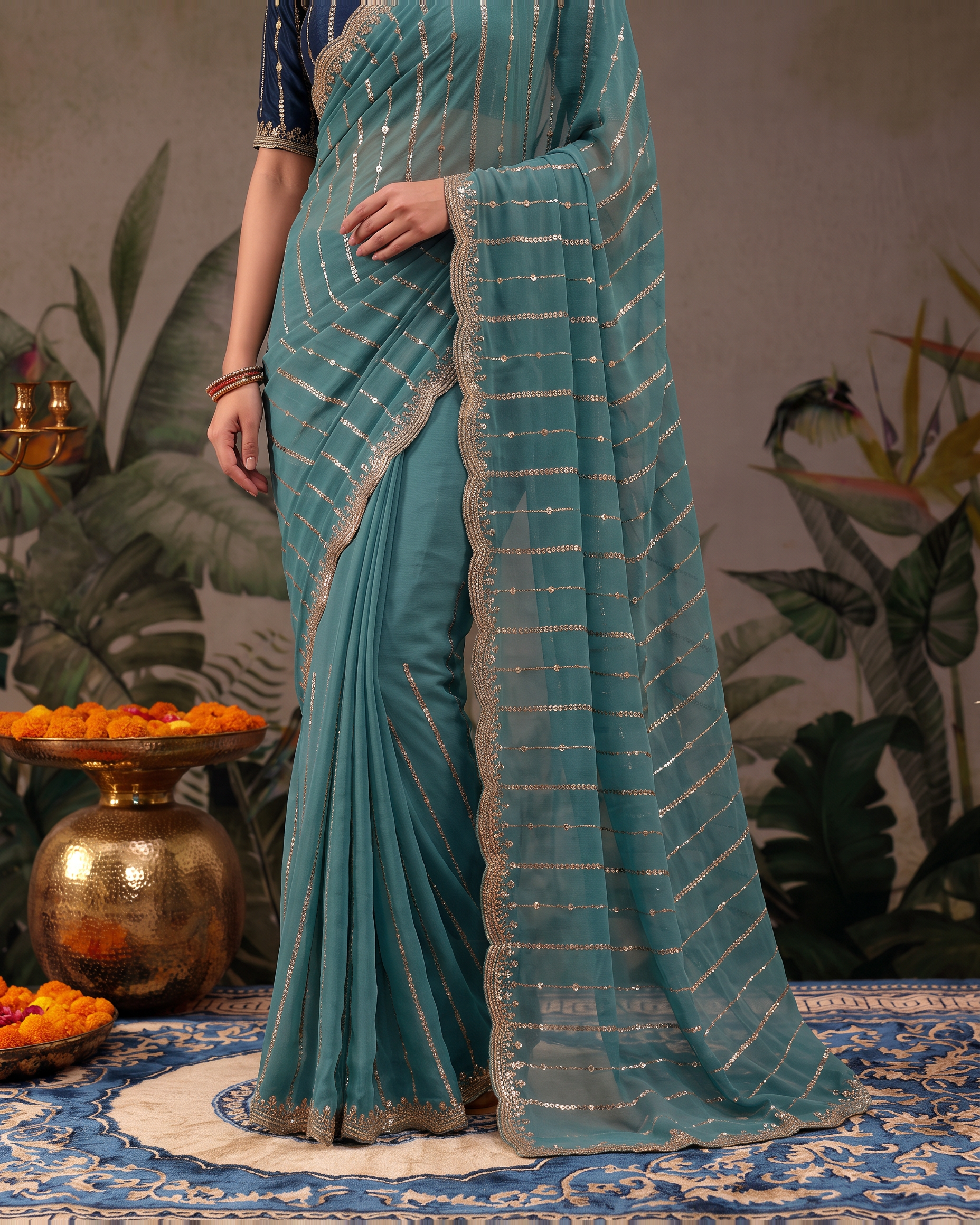 Tanvi Star Line Festive Saree with Sleek Border - Teal - lower closeup