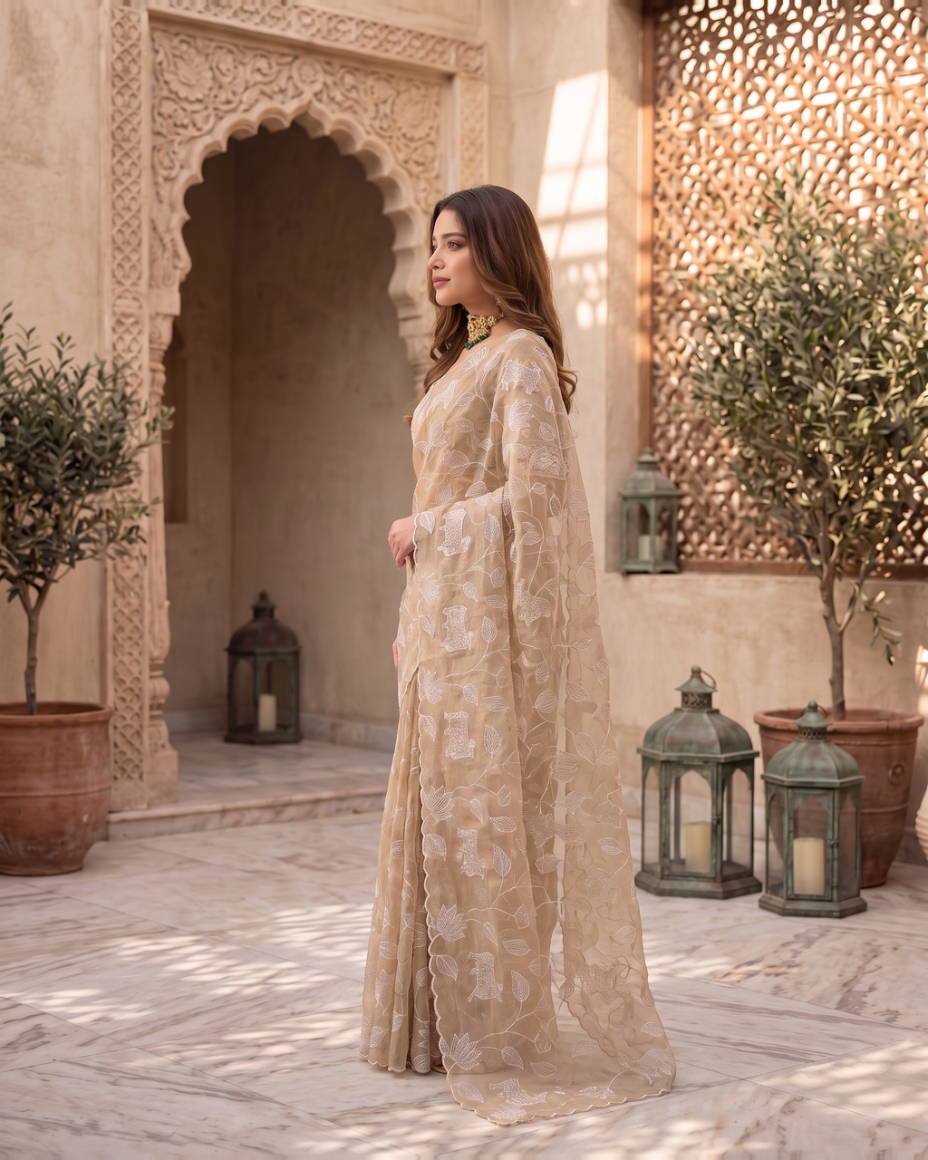 Tara Heritage Motif Festive Saree with Textured Border - Beige - side