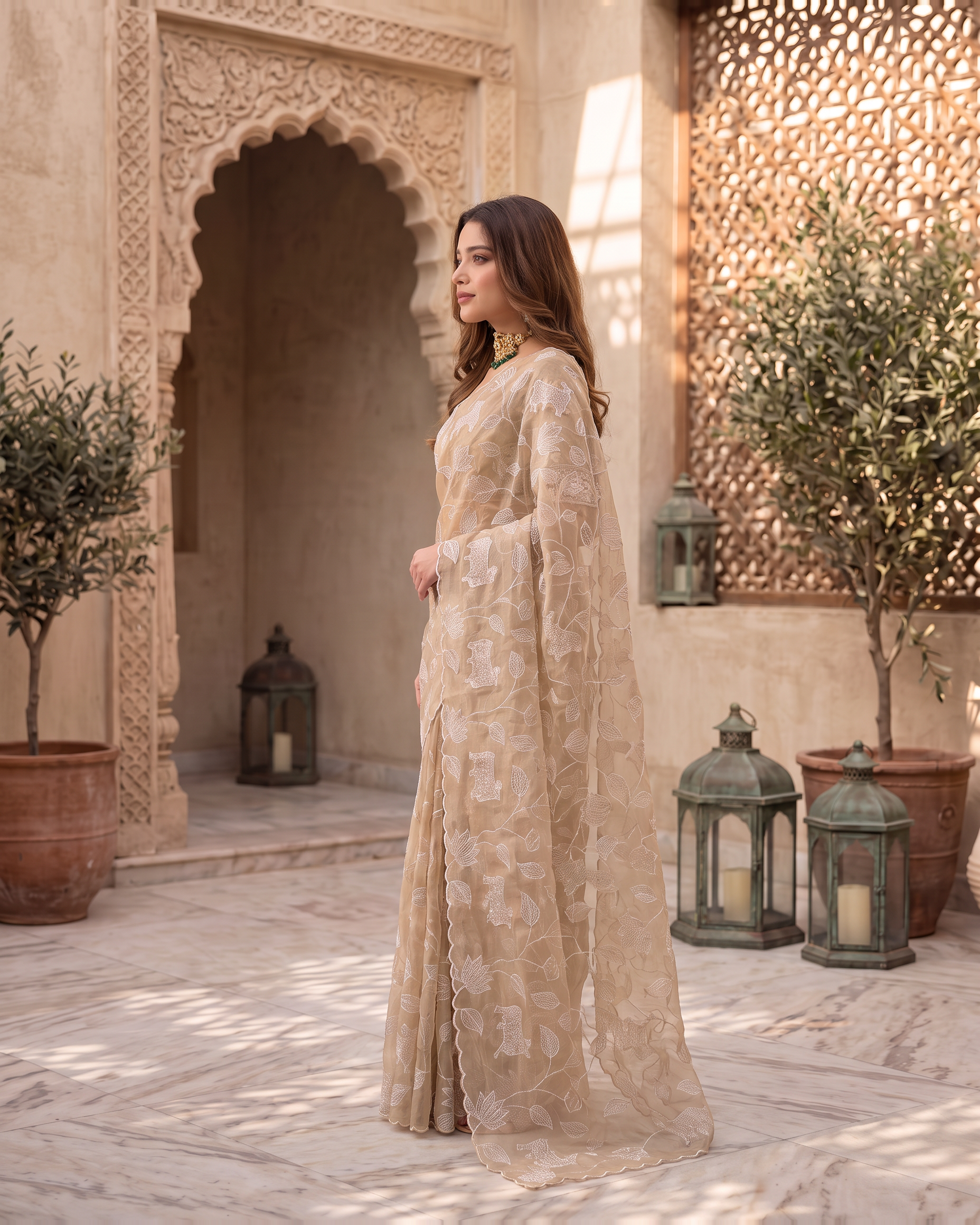 Tara Heritage Motif Festive Saree with Textured Border - Beige - side
