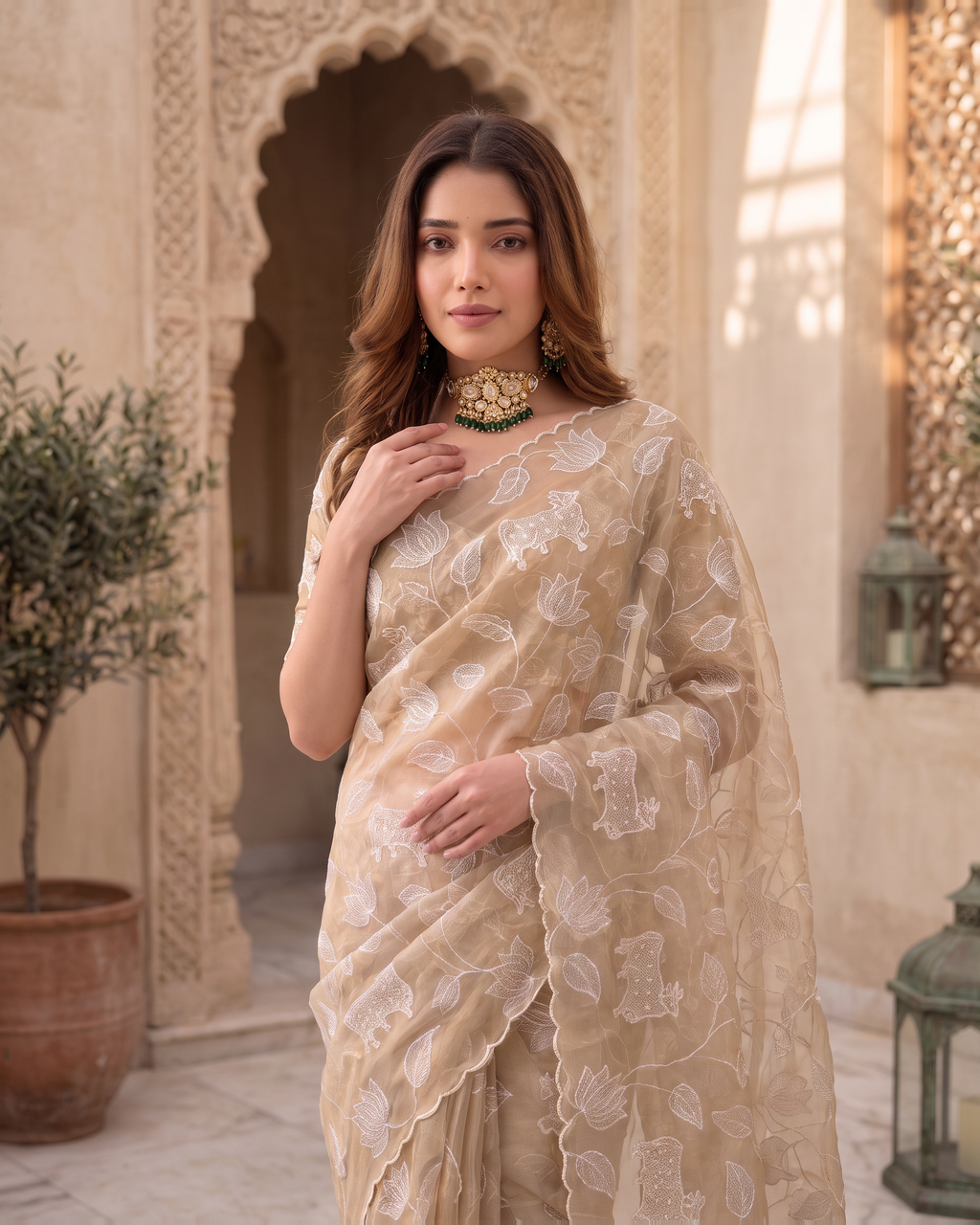Tara Heritage Motif Festive Saree with Textured Border - Beige - upper closeup