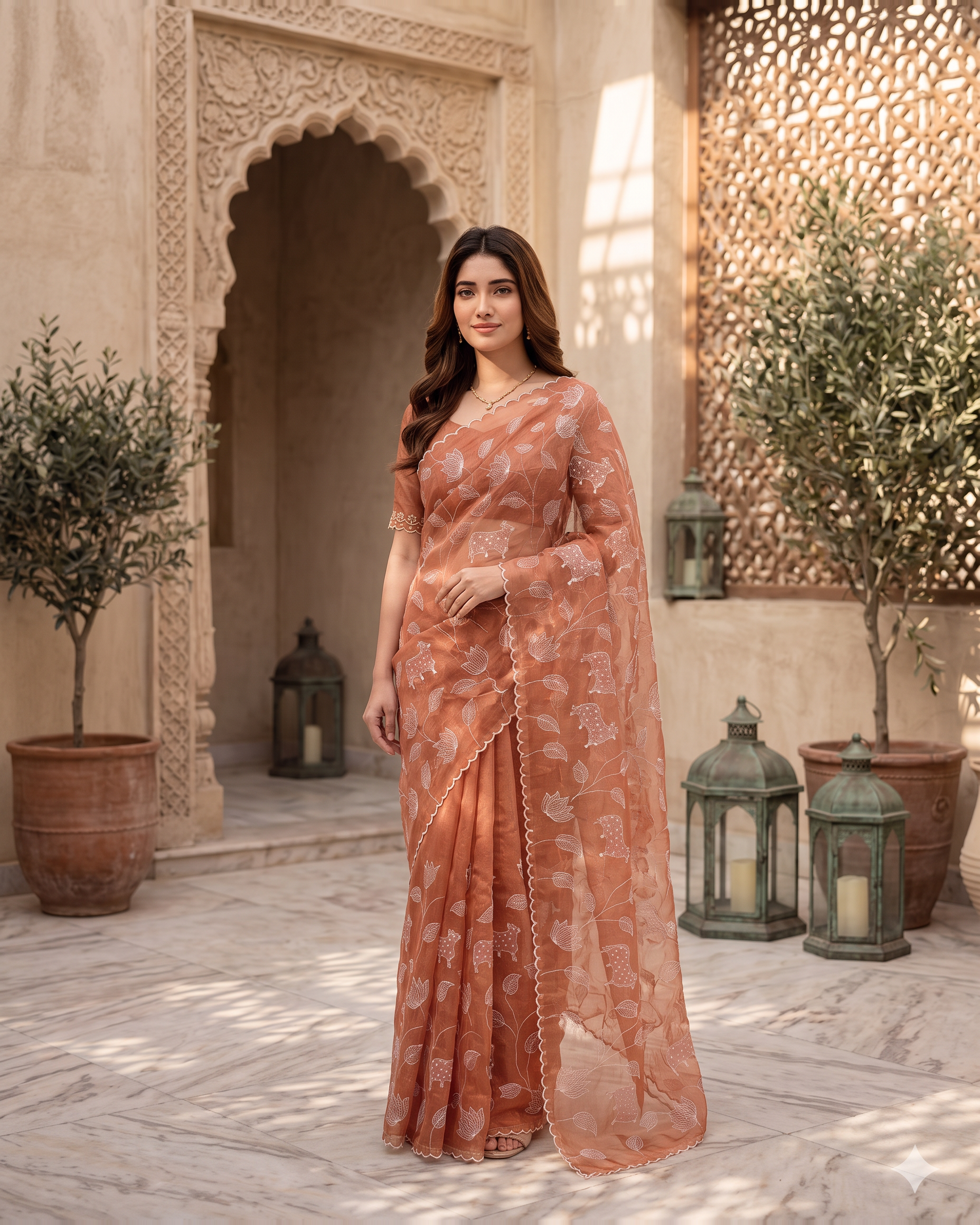 Tara Heritage Motif Festive Saree with Textured Border - Peach - full saree hero