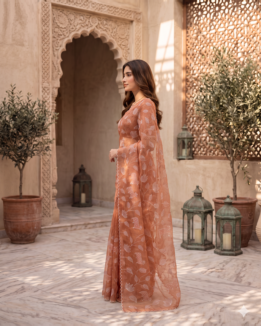 Tara Heritage Motif Festive Saree with Textured Border - Peach - side