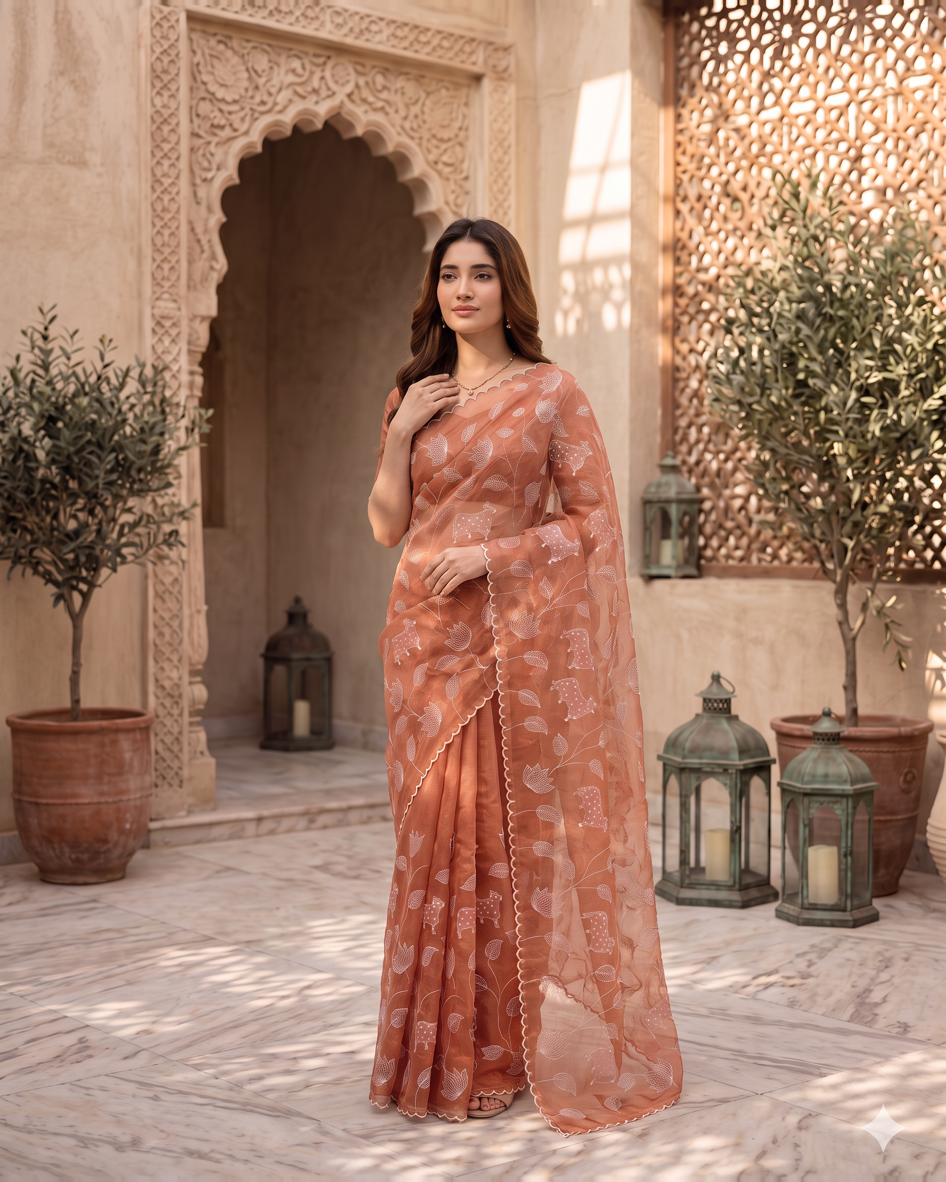 Tara Heritage Motif Festive Saree with Textured Border - Peach - upper closeup