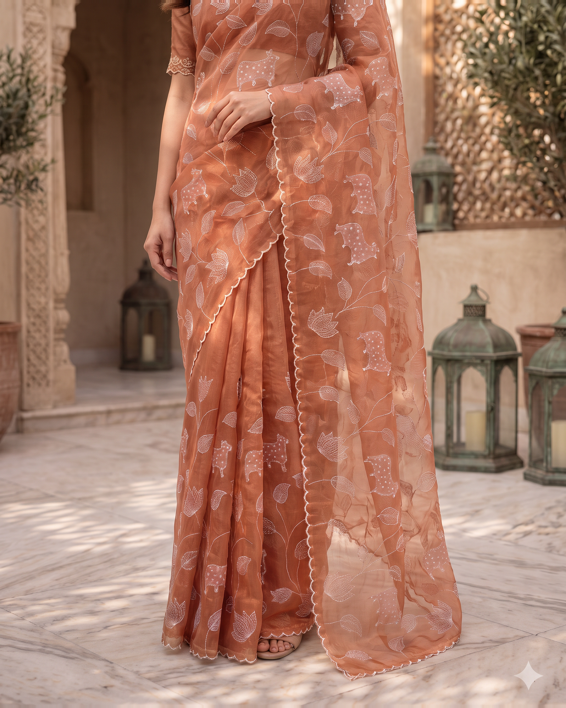 Tara Heritage Motif Festive Saree with Textured Border - Peach - lower closeup