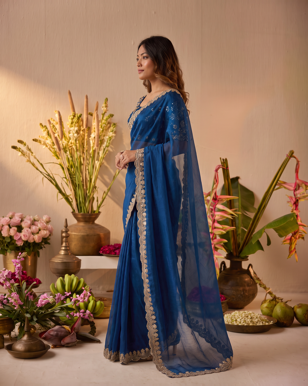 Tarini Sheer Pallu Festive Saree with Fine Embroidered Edge - Air Force - side