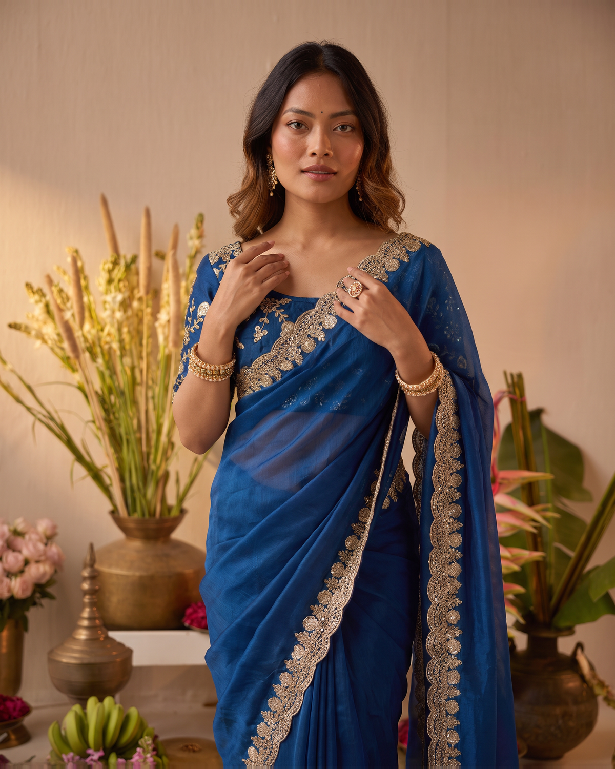 Tarini Sheer Pallu Festive Saree with Fine Embroidered Edge - Air Force - upper closeup