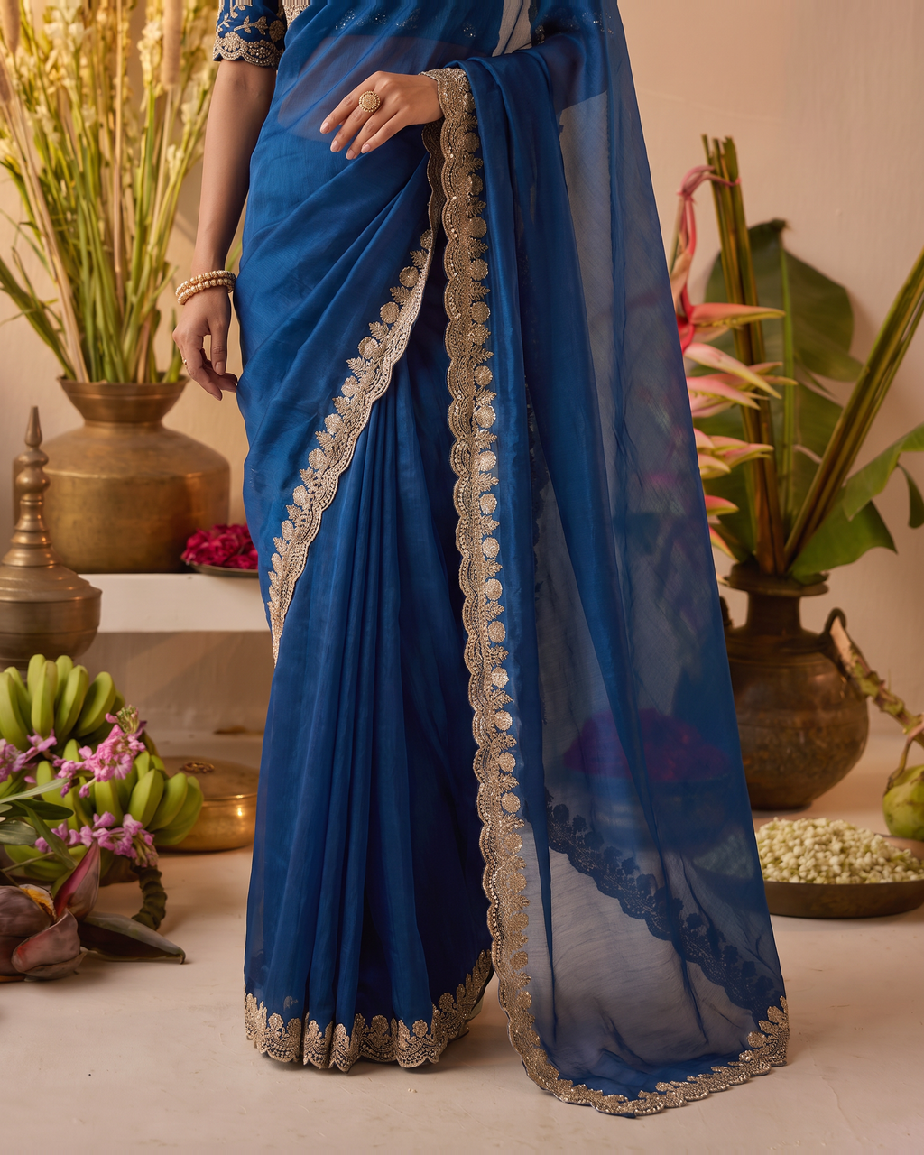 Tarini Sheer Pallu Festive Saree with Fine Embroidered Edge - Air Force - lower closeup