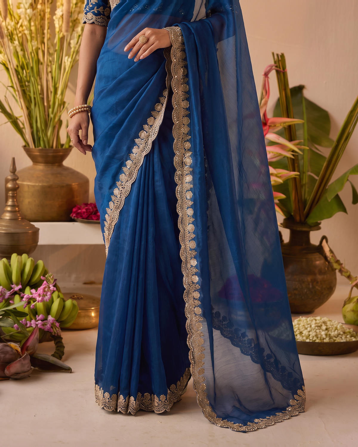 Tarini Sheer Pallu Festive Saree with Fine Embroidered Edge - Air Force - lower closeup