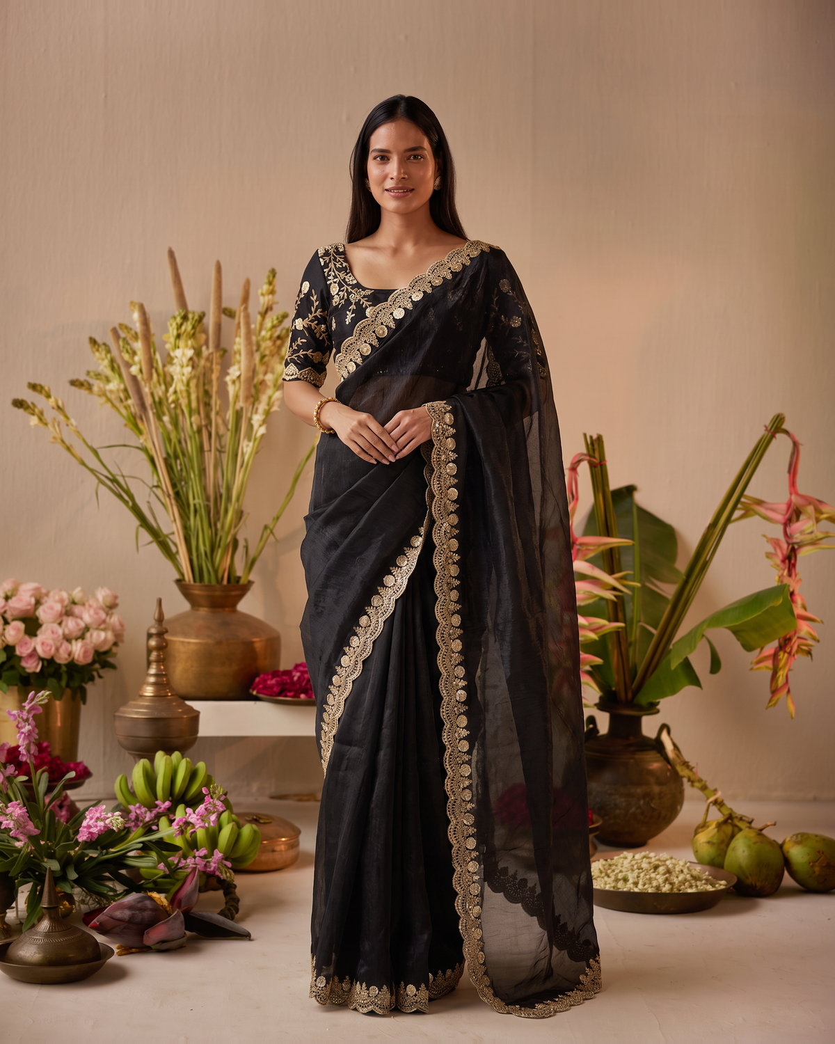 Tarini Sheer Pallu Festive Saree with Fine Embroidered Edge - Black - full saree hero