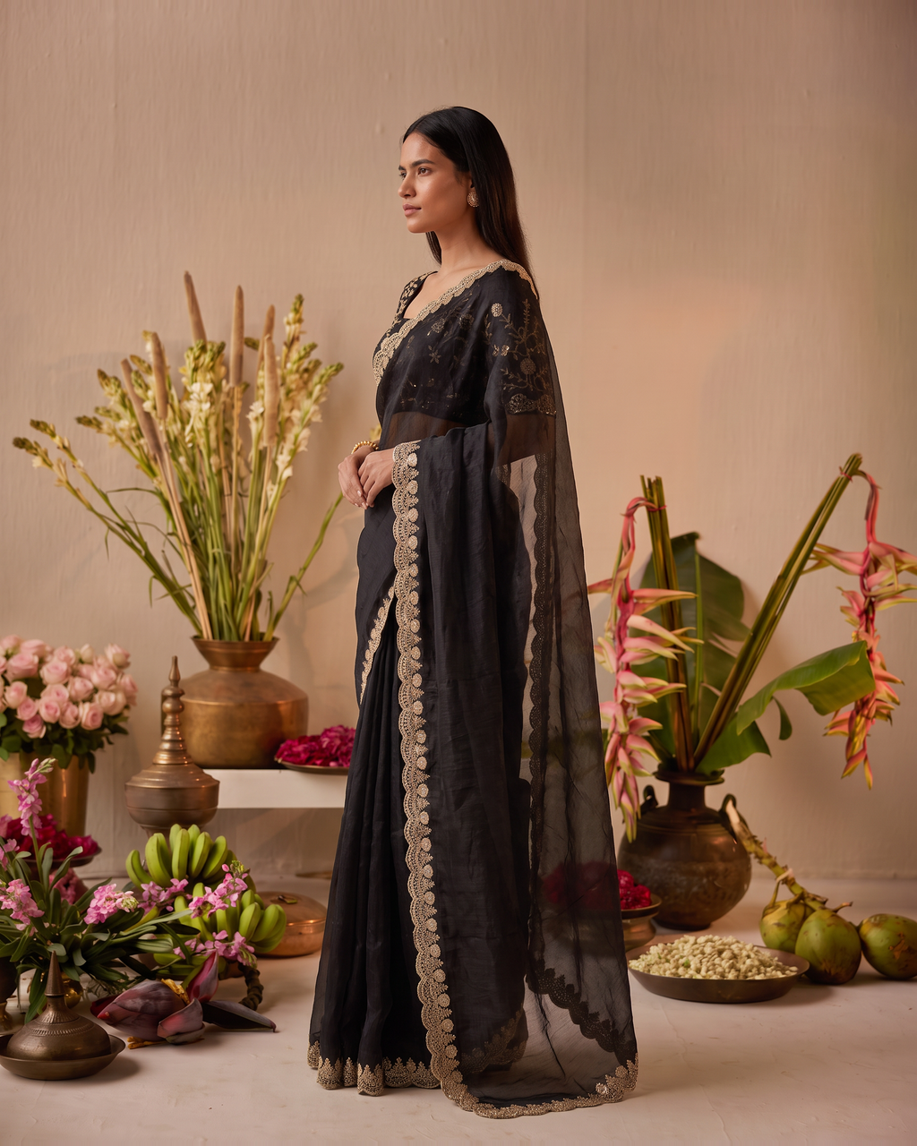 Tarini Sheer Pallu Festive Saree with Fine Embroidered Edge - Black - side