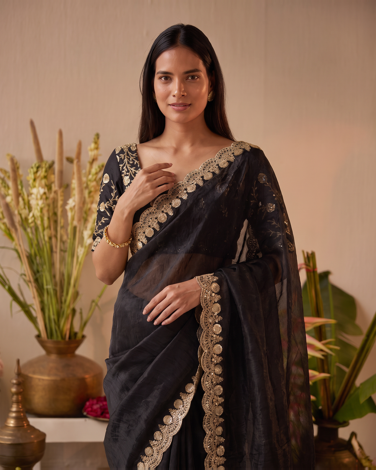 Tarini Sheer Pallu Festive Saree with Fine Embroidered Edge - Black - upper closeup