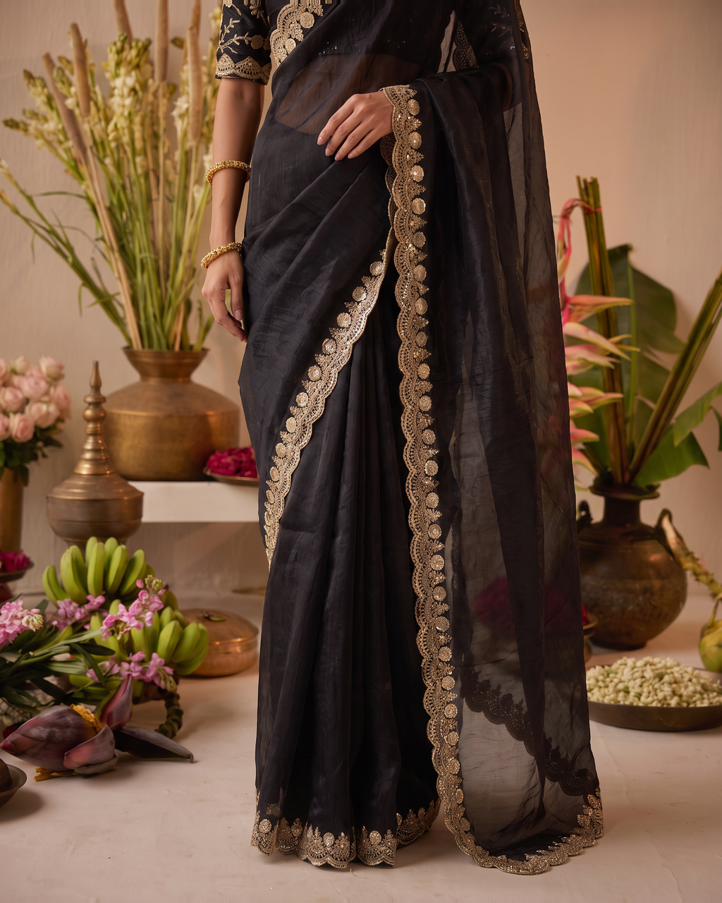 Tarini Sheer Pallu Festive Saree with Fine Embroidered Edge - Black - lower closeup