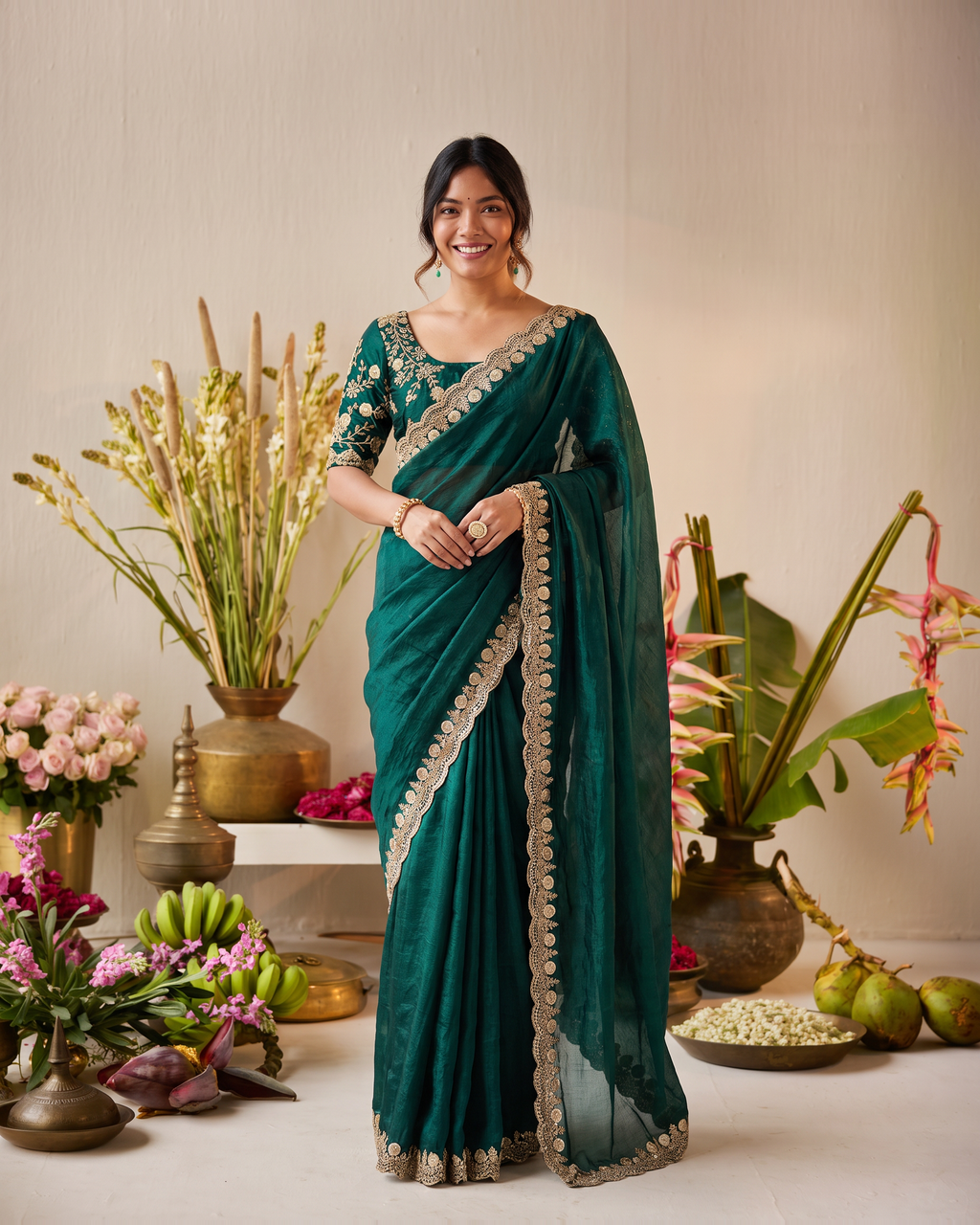Tarini Sheer Pallu Festive Saree with Fine Embroidered Edge - Green - full saree hero