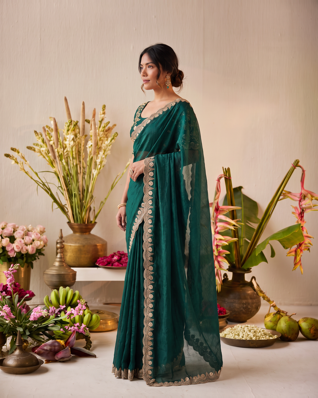 Tarini Sheer Pallu Festive Saree with Fine Embroidered Edge - Green - side