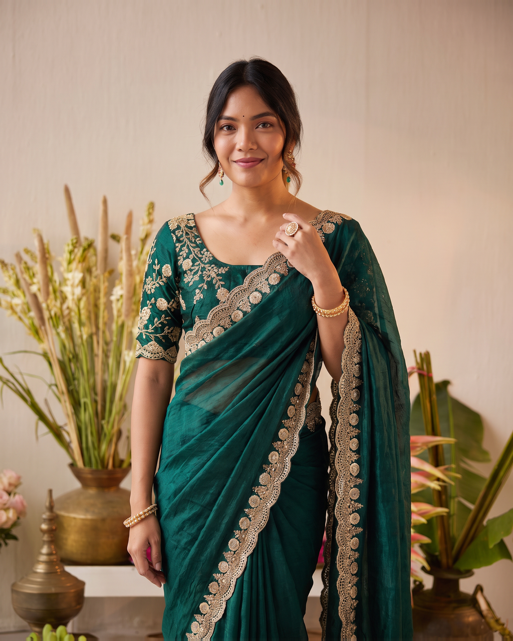 Tarini Sheer Pallu Festive Saree with Fine Embroidered Edge - Green - upper closeup